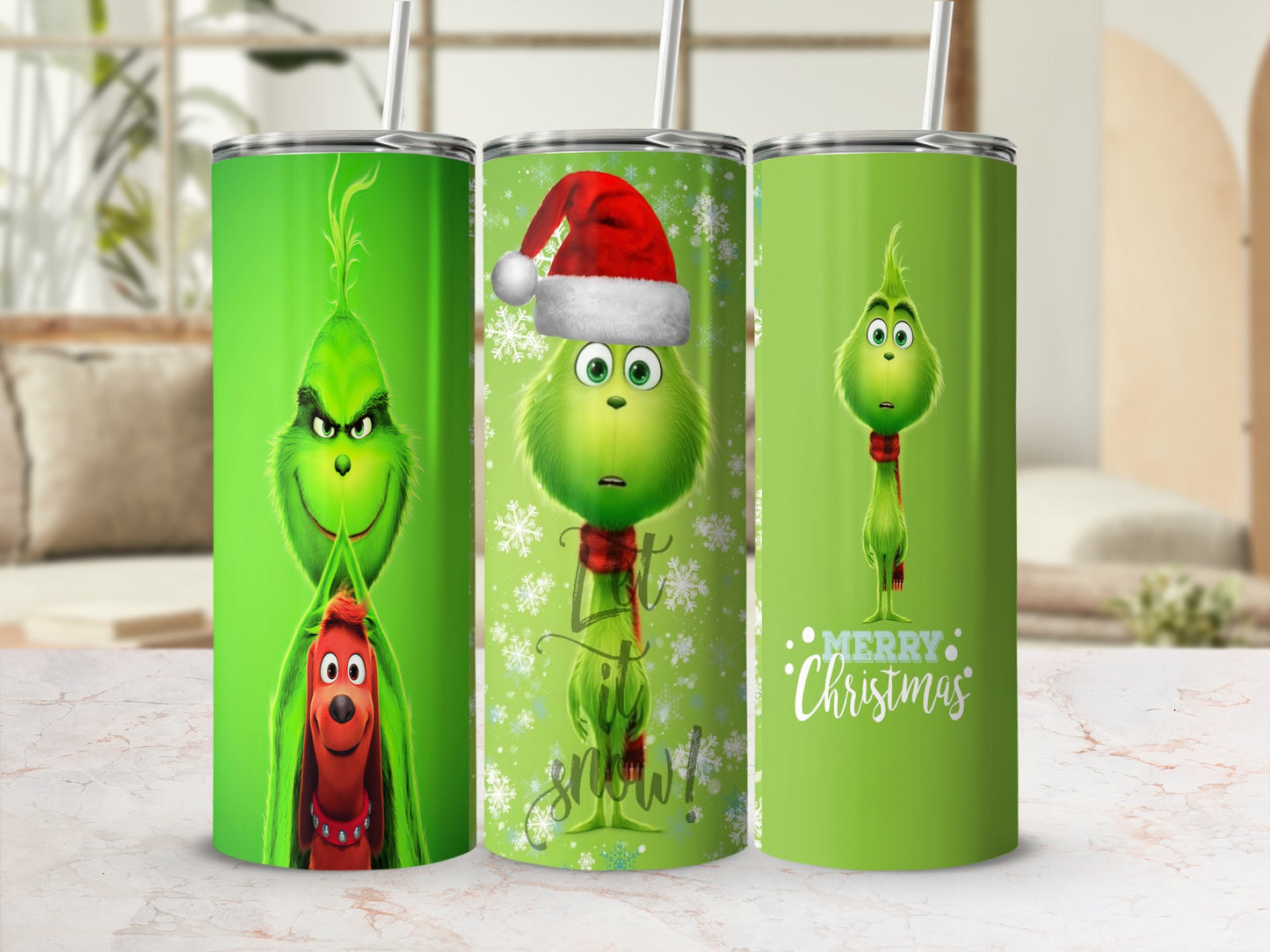 Three Grinch tumblers with Max the dog, one with a Santa hat.