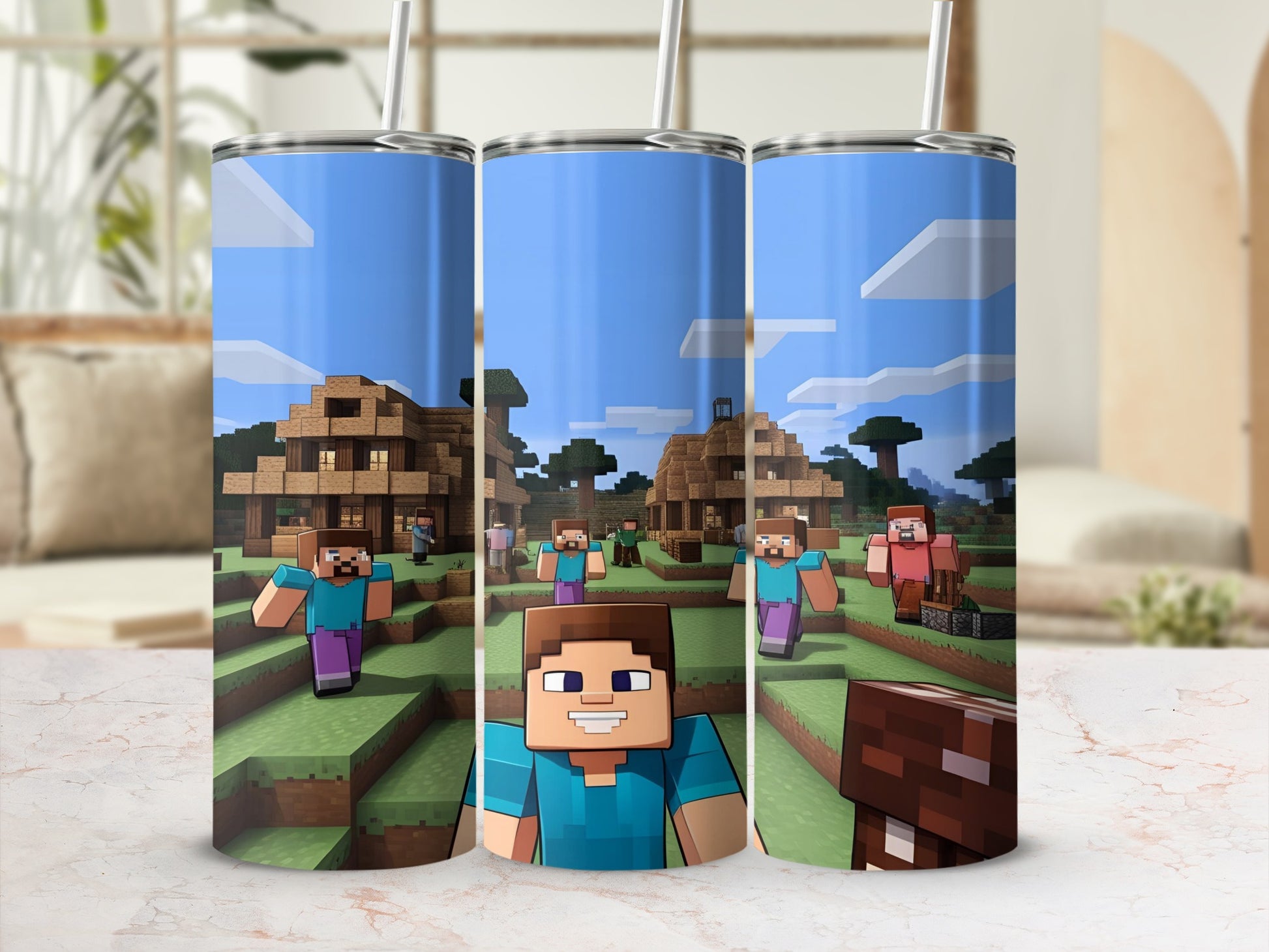 Minecraft-themed tumbler featuring Steve character and blocky landscape.