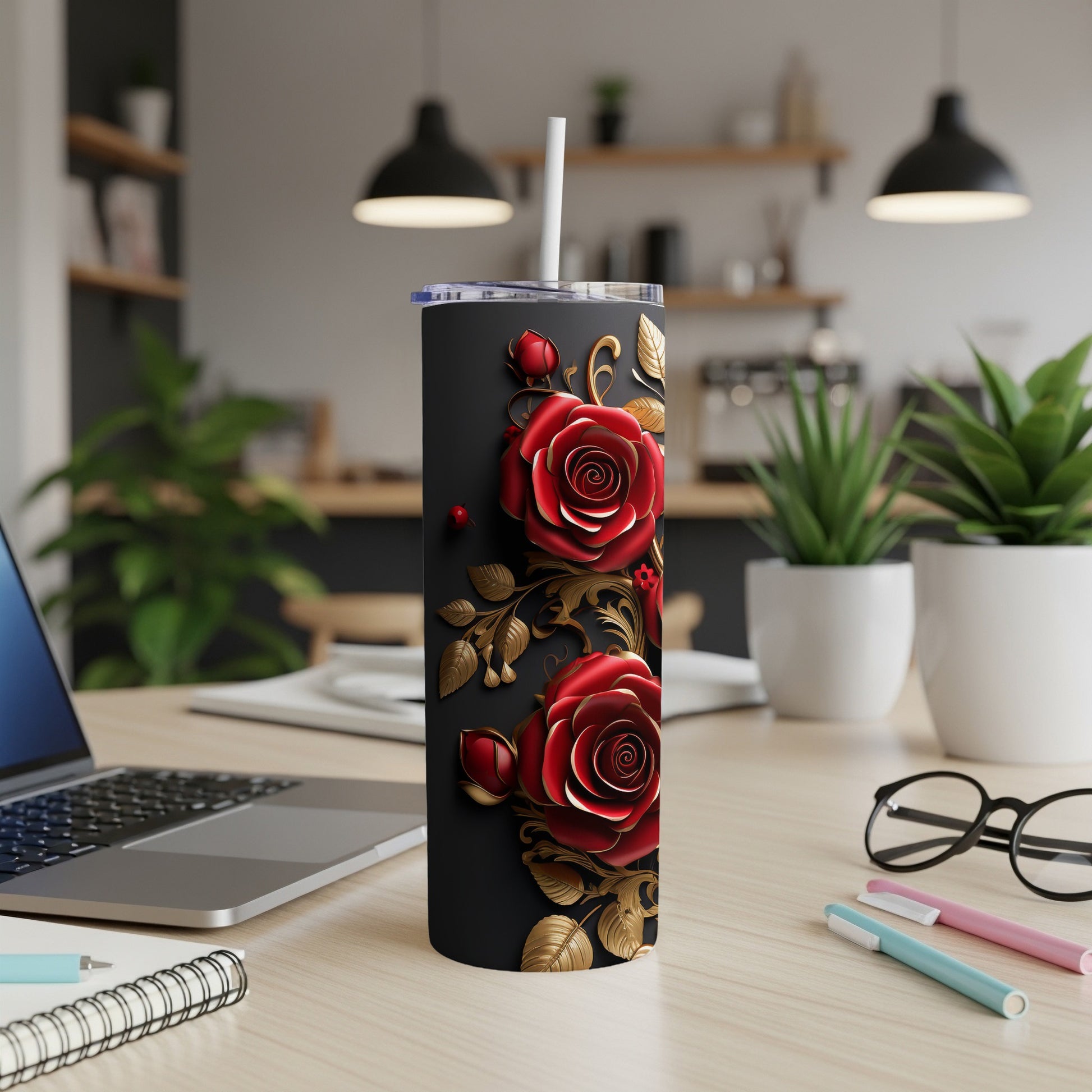 Black tumbler with red roses and gold leaves, straw included.