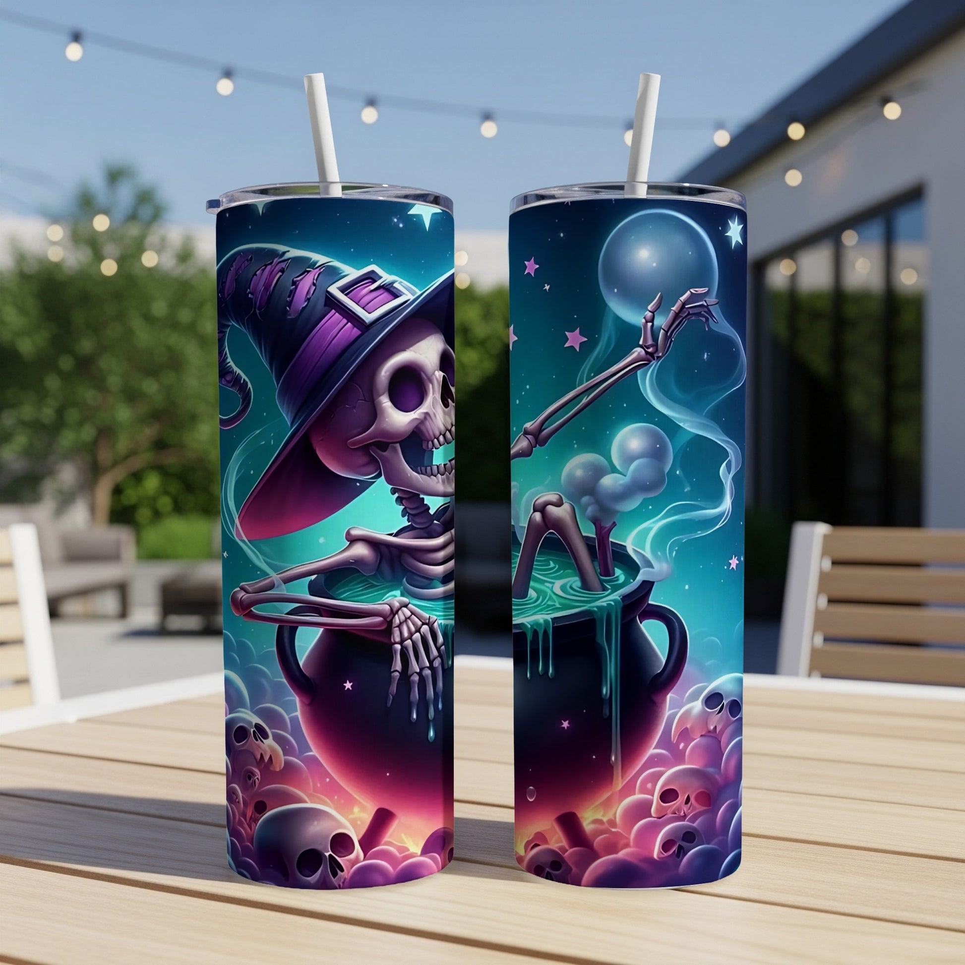 Two tumblers featuring a skeleton witch stirring a cauldron surrounded by skulls.