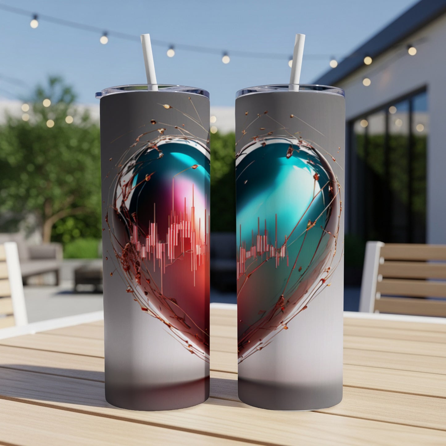 Two heart-shaped tumblers with metallic finish and abstract design.
