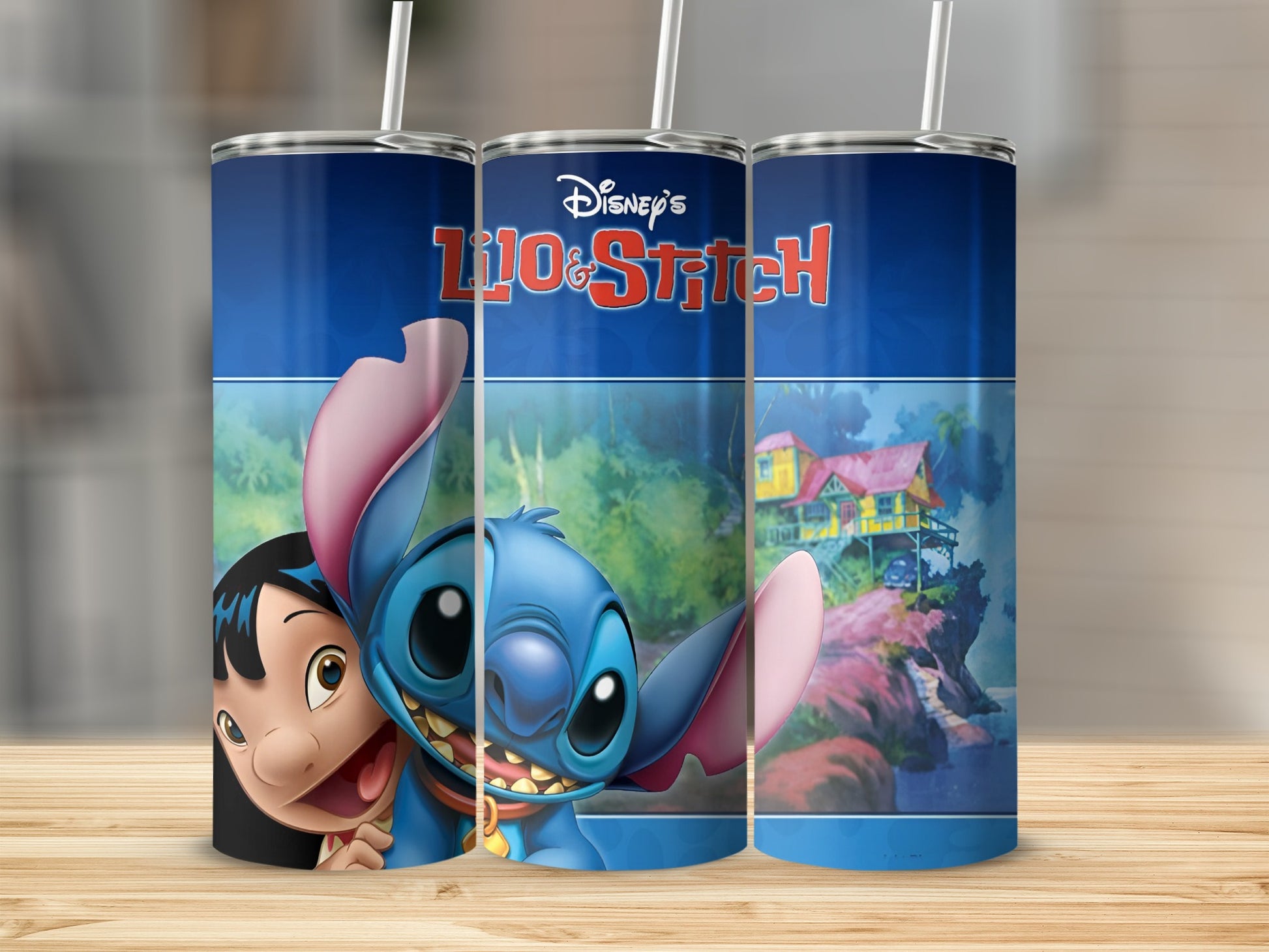 Lilo and Stitch Disney tumbler with characters and Hawaiian scene.