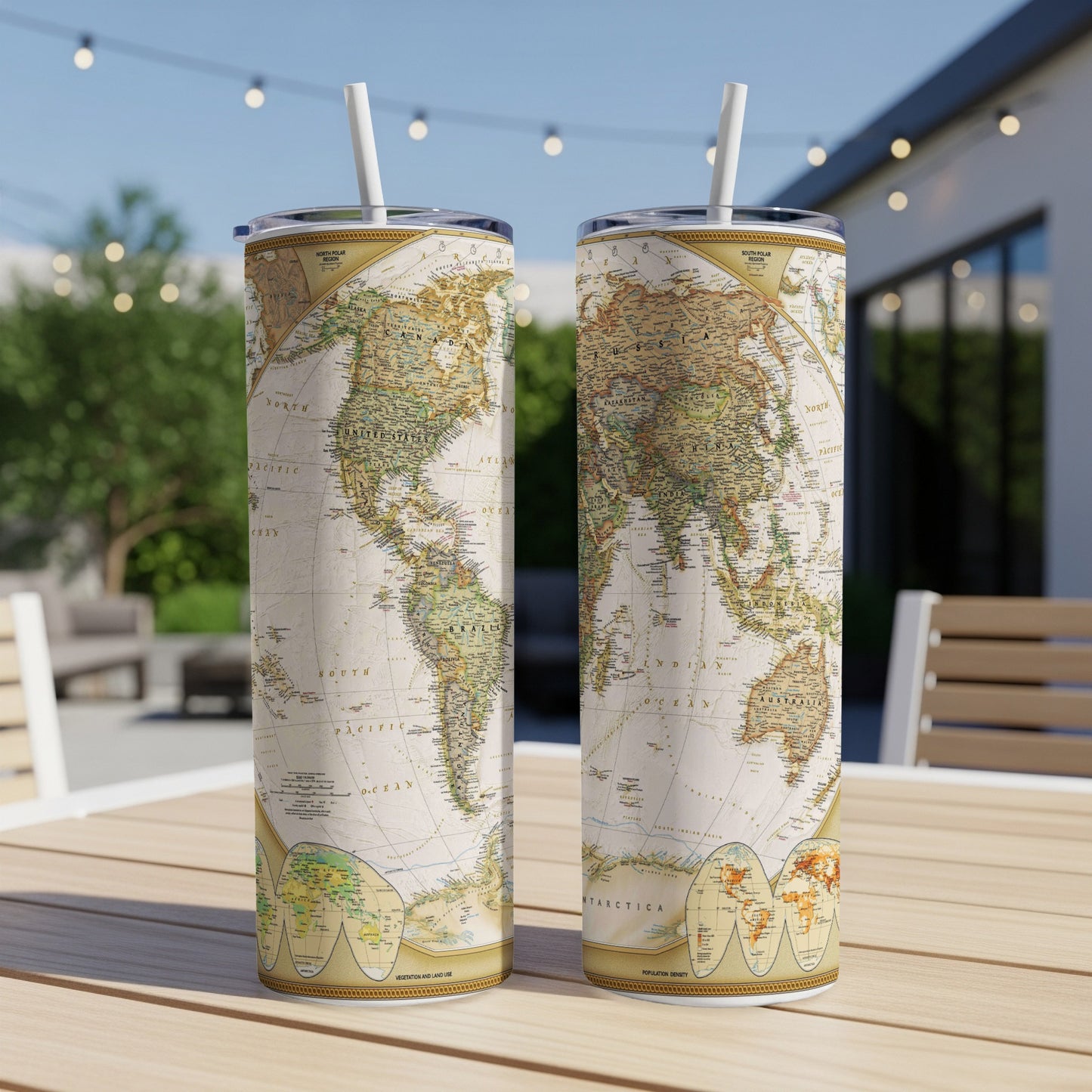 Two tumblers featuring a vintage world map design with detailed continent and ocean labels.