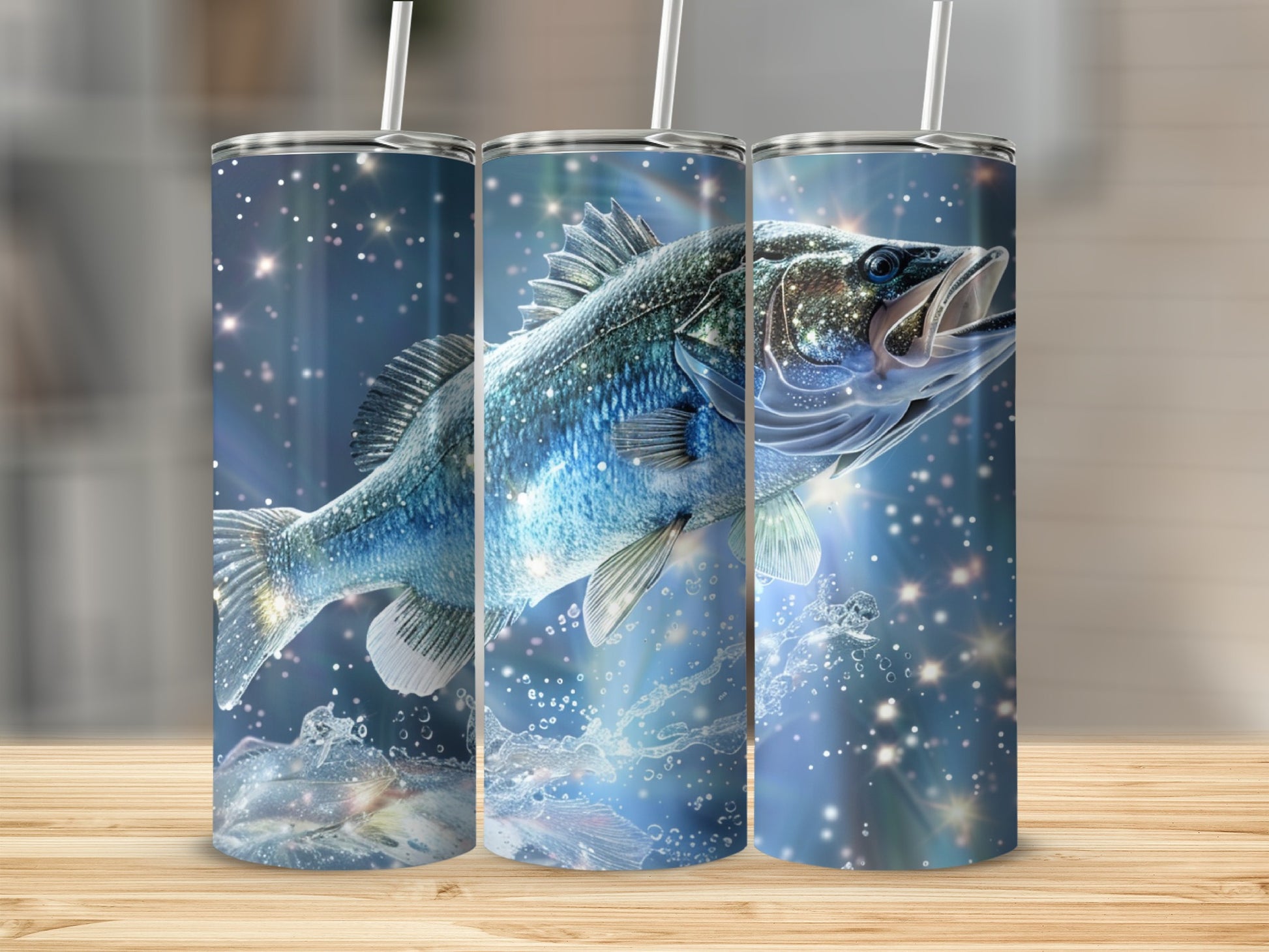 Largemouth bass leaping from sparkling water, glowing lights.