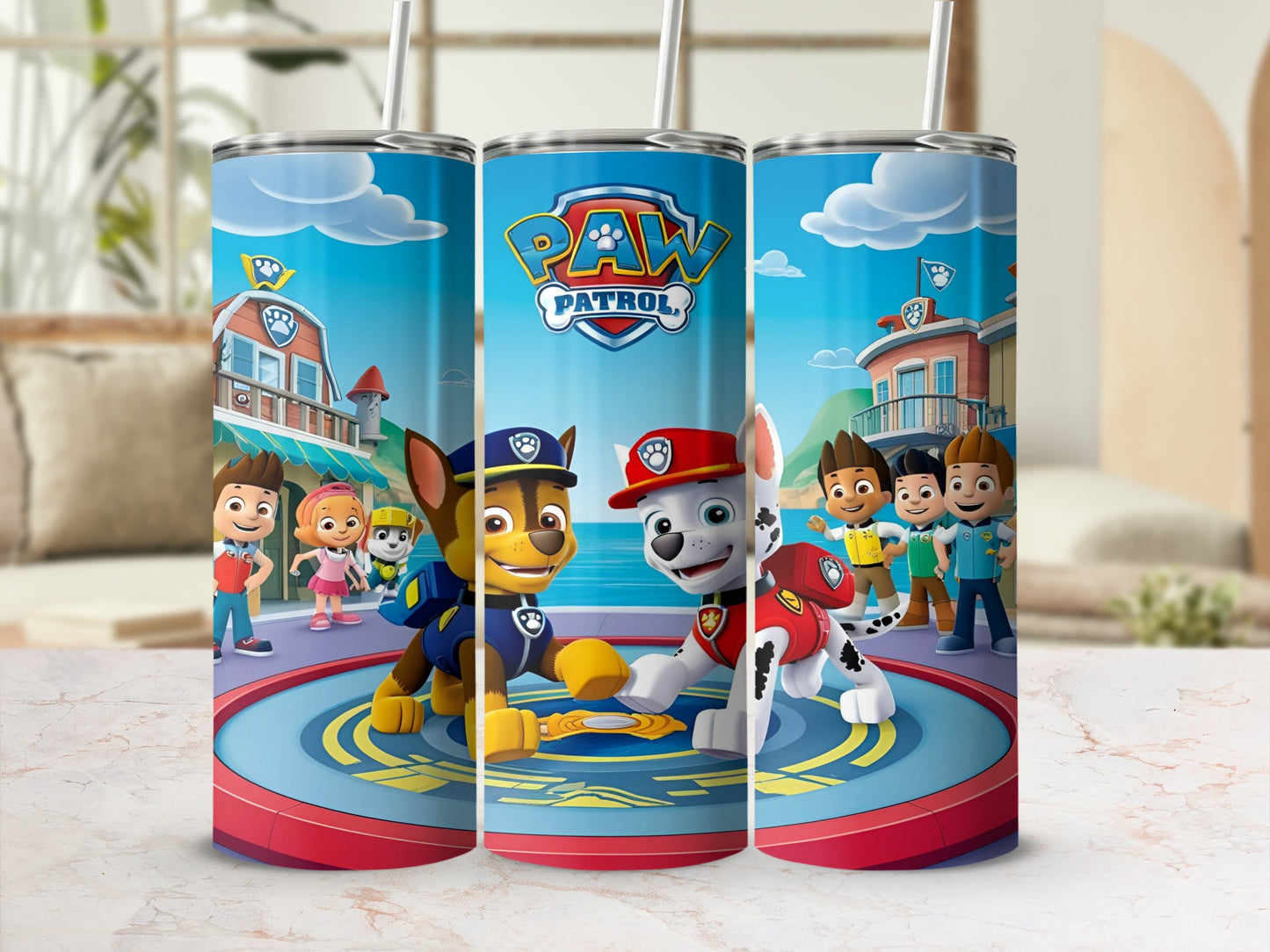 Chase and Marshall from Paw Patrol on a themed circular platform.