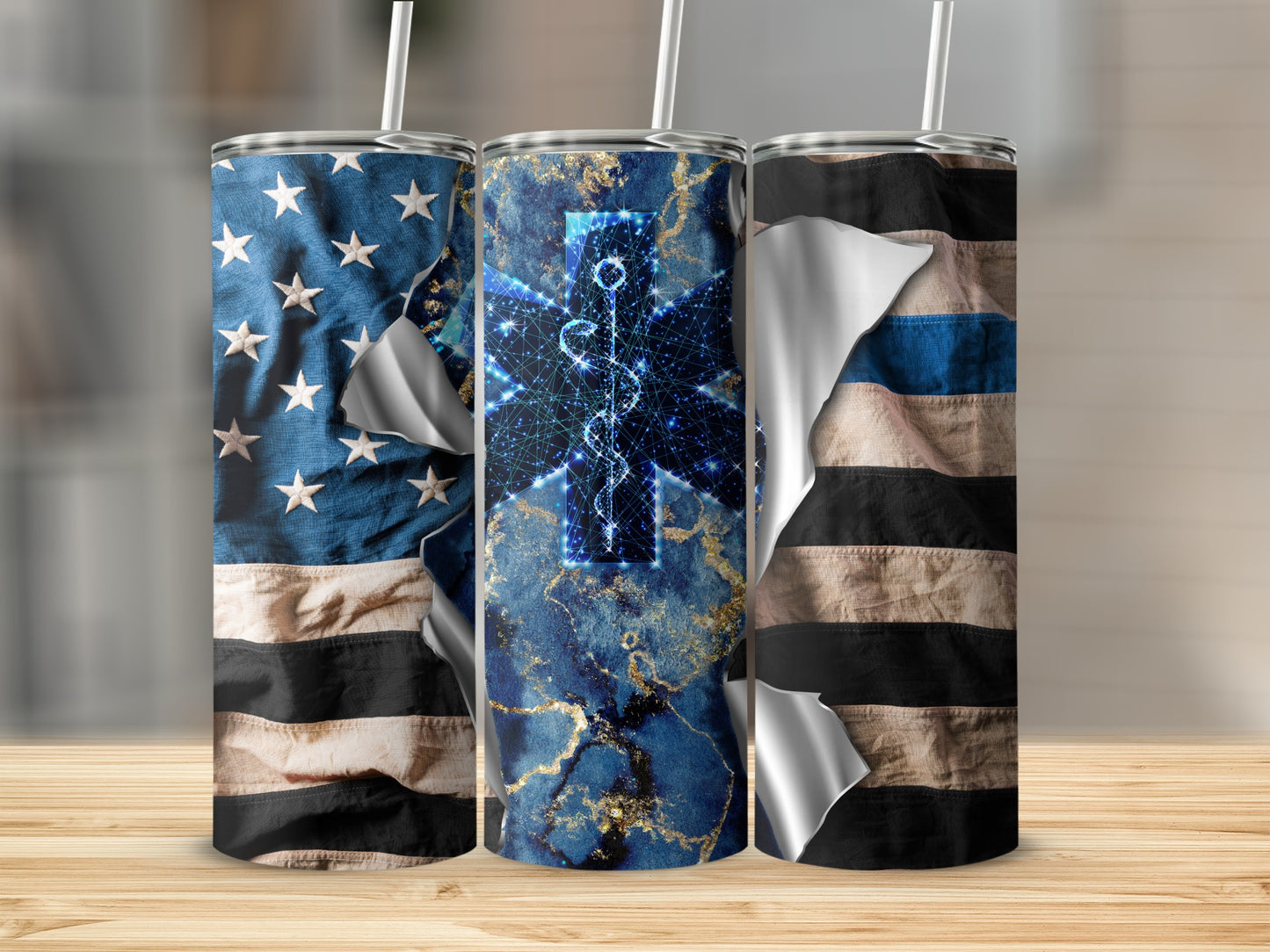 American flag and blue marble tumbler with medical symbol.