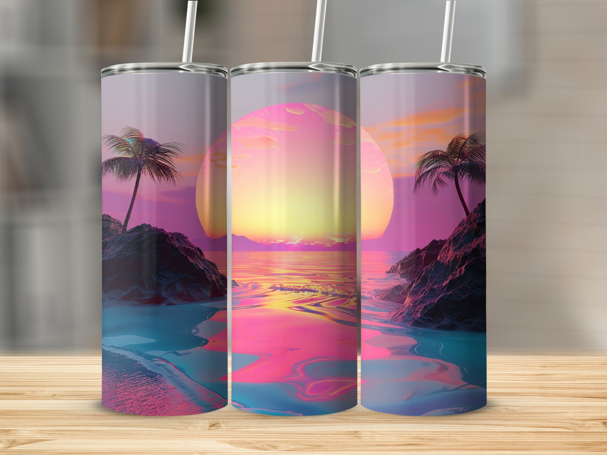 Three tumblers featuring a tropical sunset scene with palm trees and ocean.