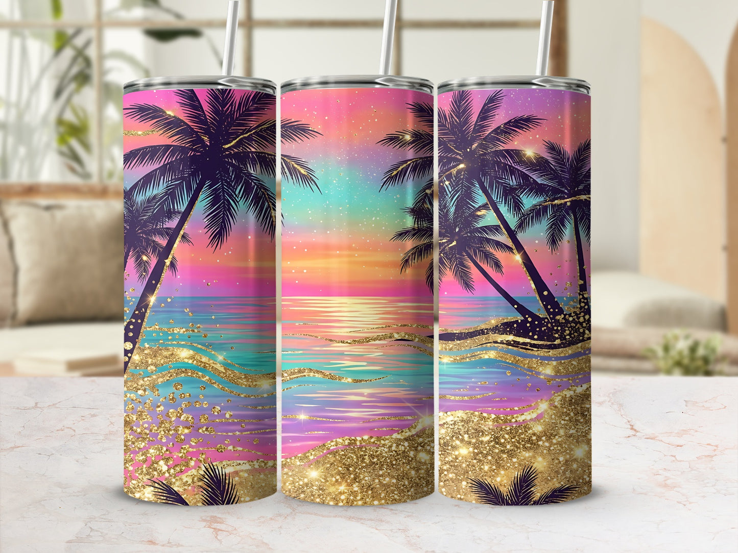 Sunset beach scene with palm trees and glitter accents on three tumblers.