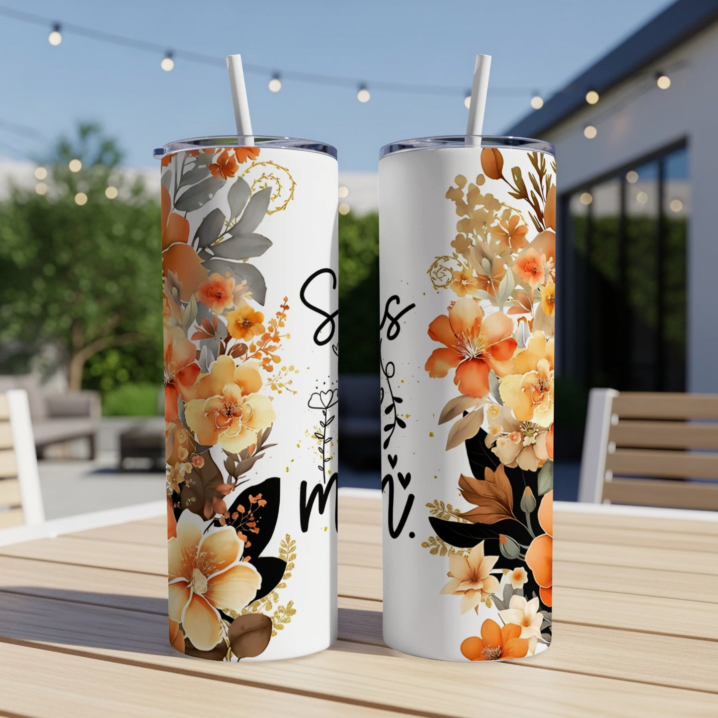 Two white tumblers with orange floral designs and "Sass & Class" text.
