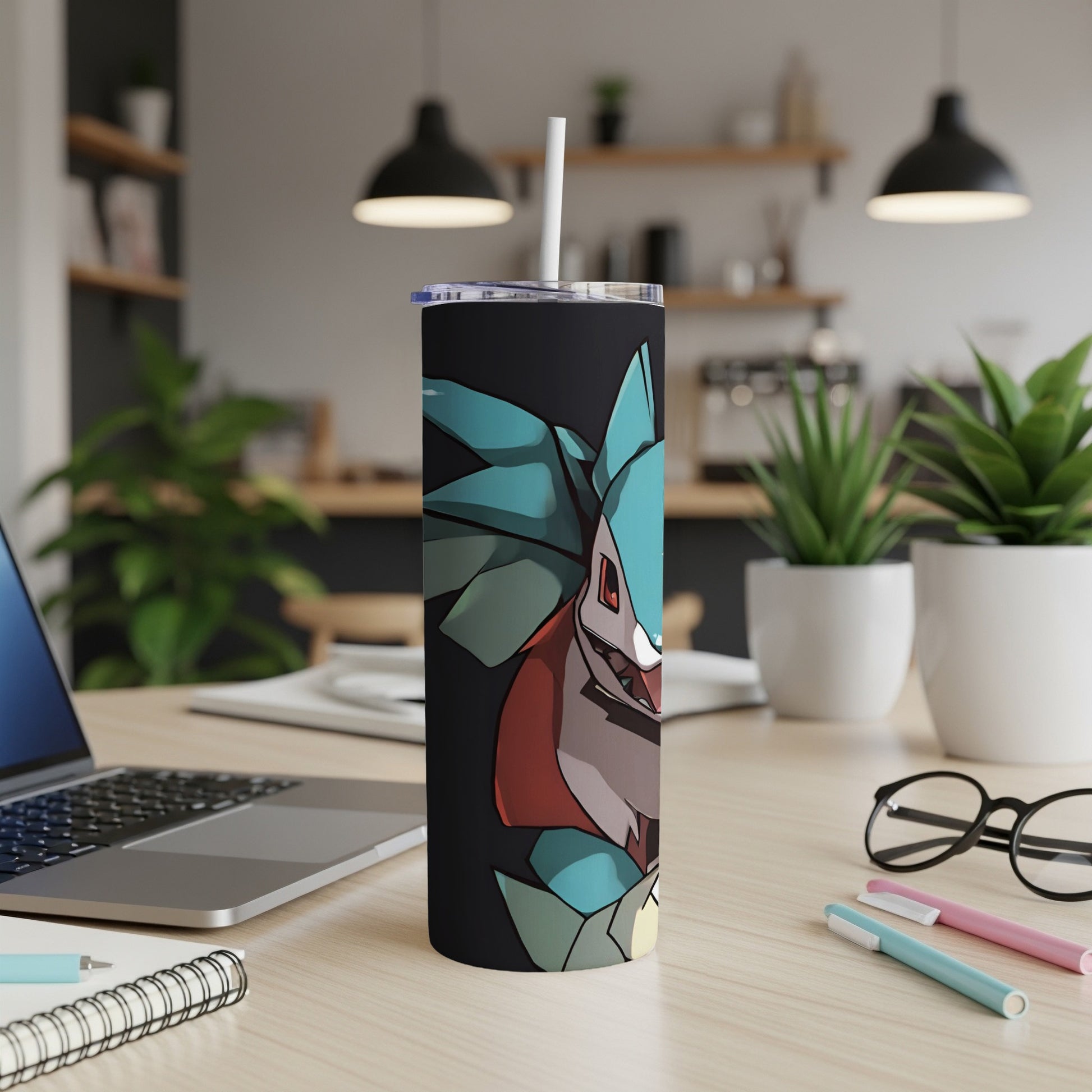Tall black tumbler featuring a Feraligatr Pokemon design and white straw.