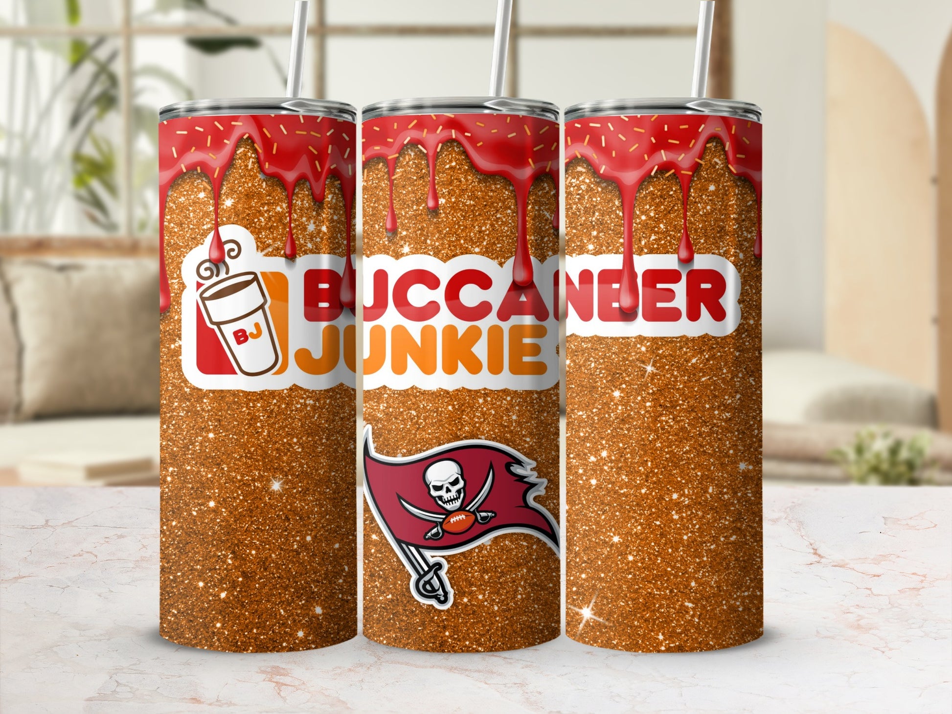 Buccaneer Junkie Glitter Tumbler with Red Drips
