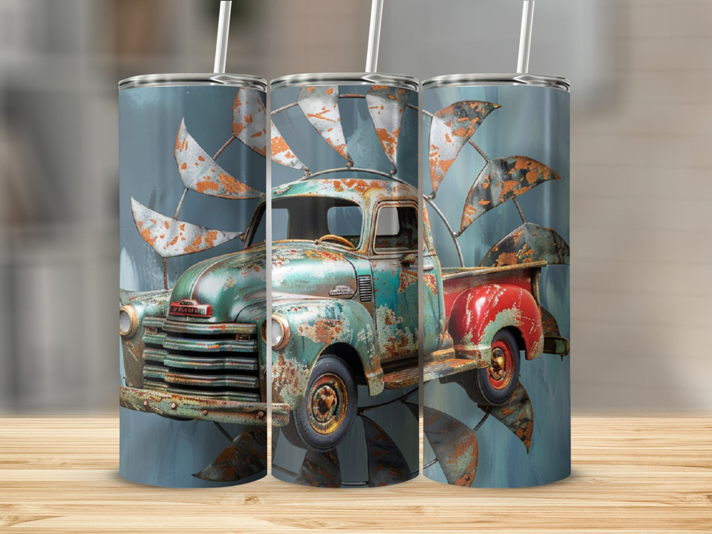 Distressed teal and red vintage truck with windmill backdrop on tumbler.