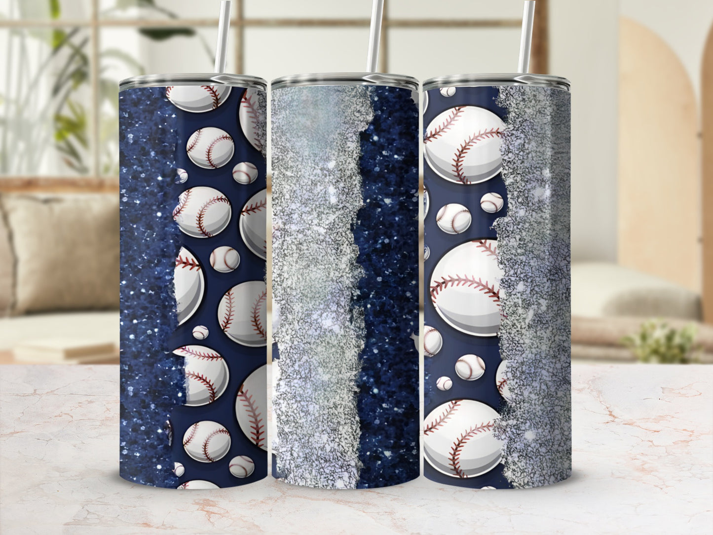 Three baseball-themed tumblers with glitter and blue backgrounds.