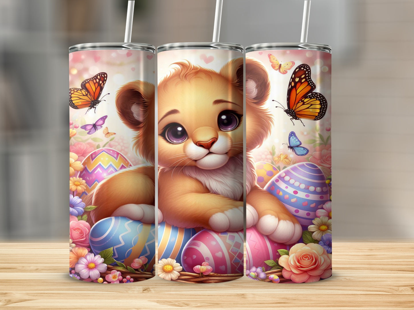 Lion cub surrounded by Easter eggs, flowers, and butterflies.