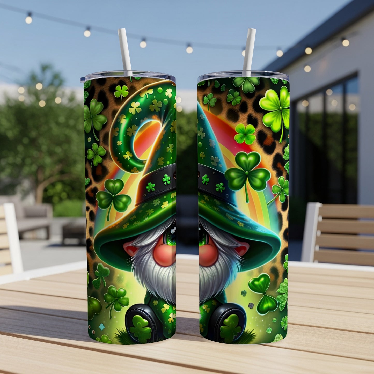 Two tumblers featuring a St. Patrick's Day gnome, shamrocks, and leopard print.