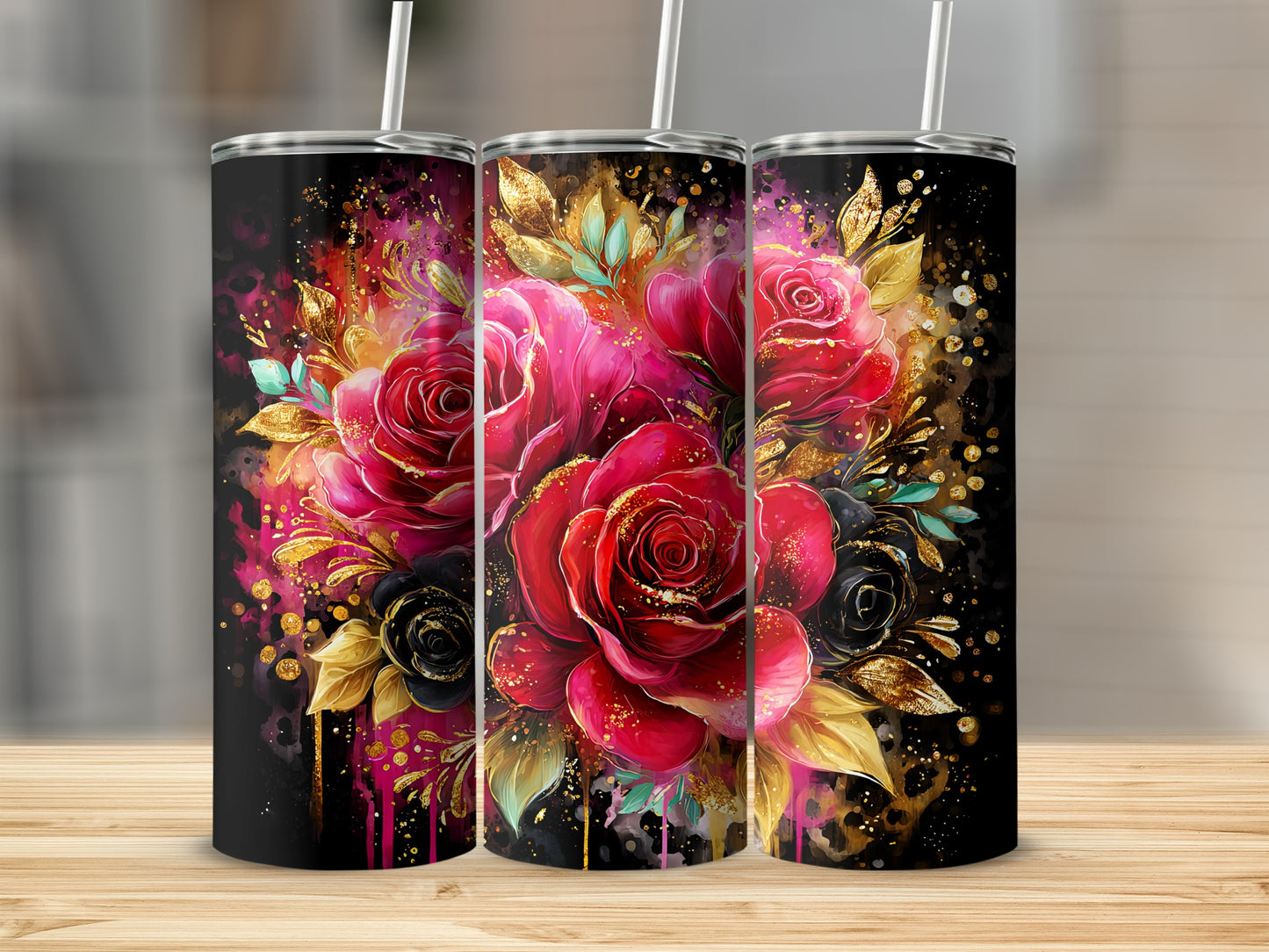 Vibrant Red Floral Tumbler with Gold Accents 20 oz