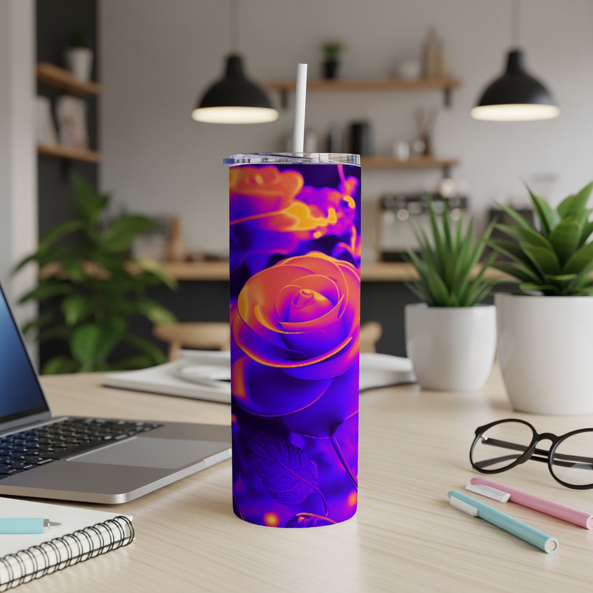 Thermal rose design on a white skinny tumbler with straw.