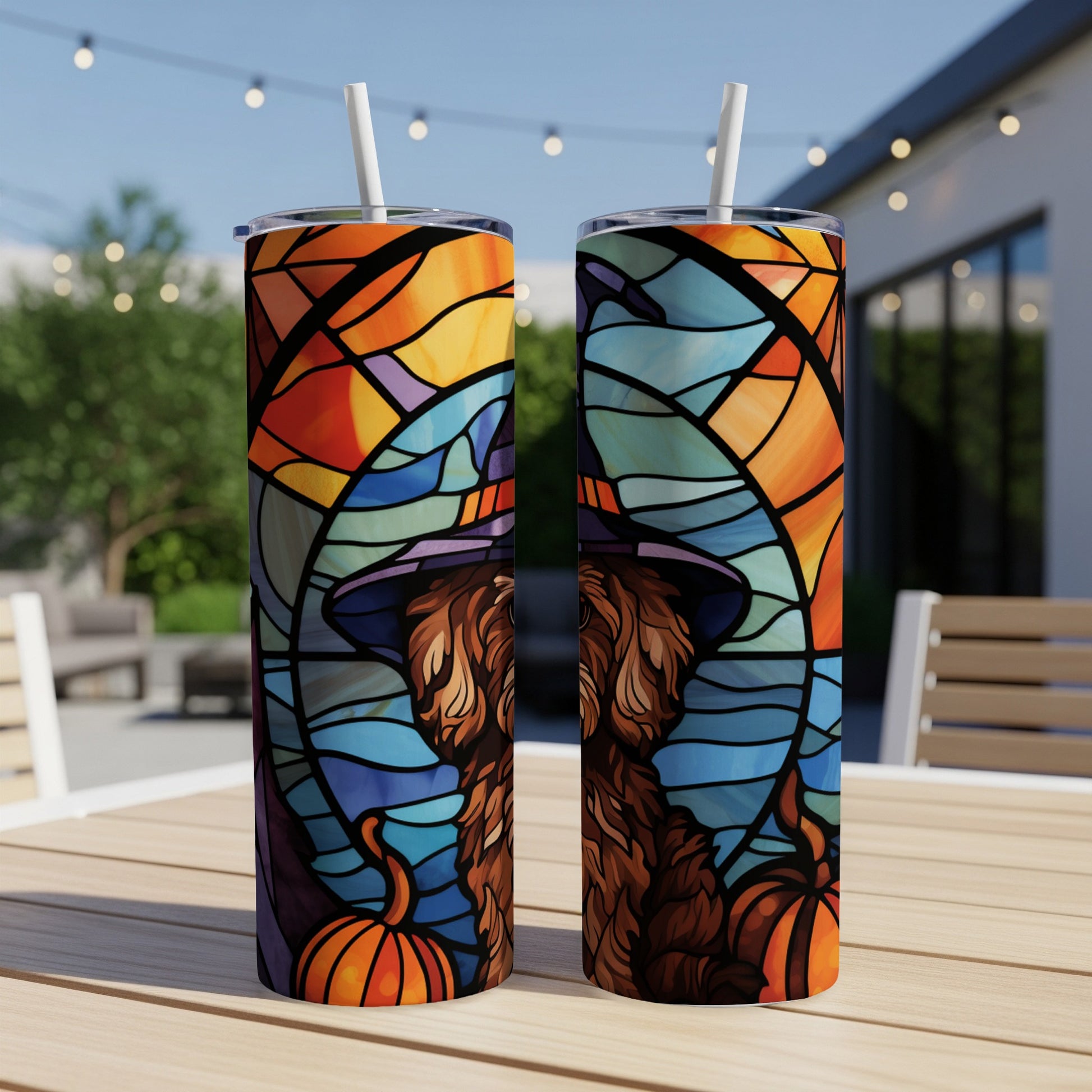 Two tumblers with stained glass dog and pumpkin design, outside setting.