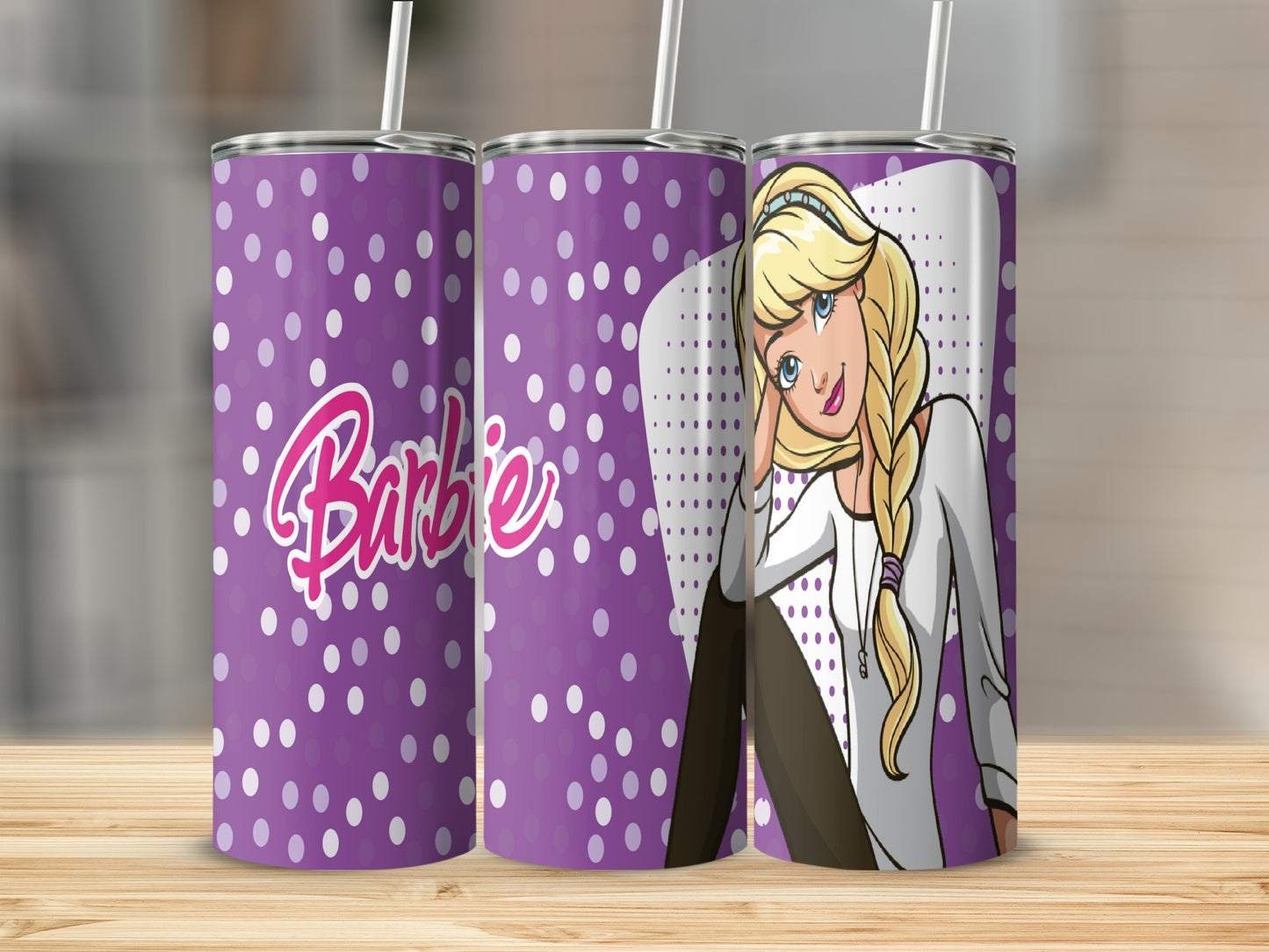 Purple tumbler with pink polka dots and a Barbie illustration.