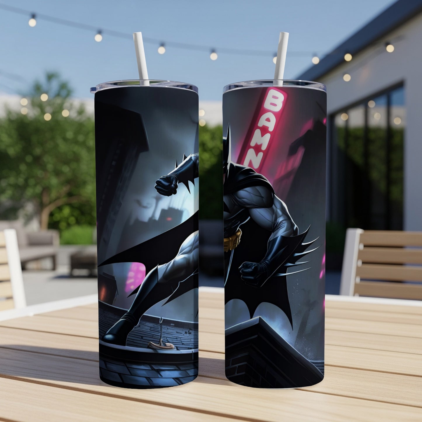 Batman on a rooftop under a neon sign, on a white tumbler.