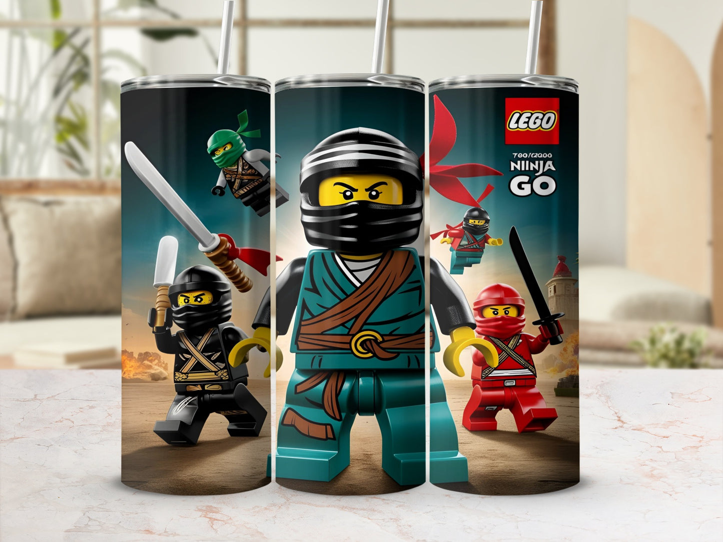 LEGO Ninjago characters Kai, Zane, and Nya on a tumbler.