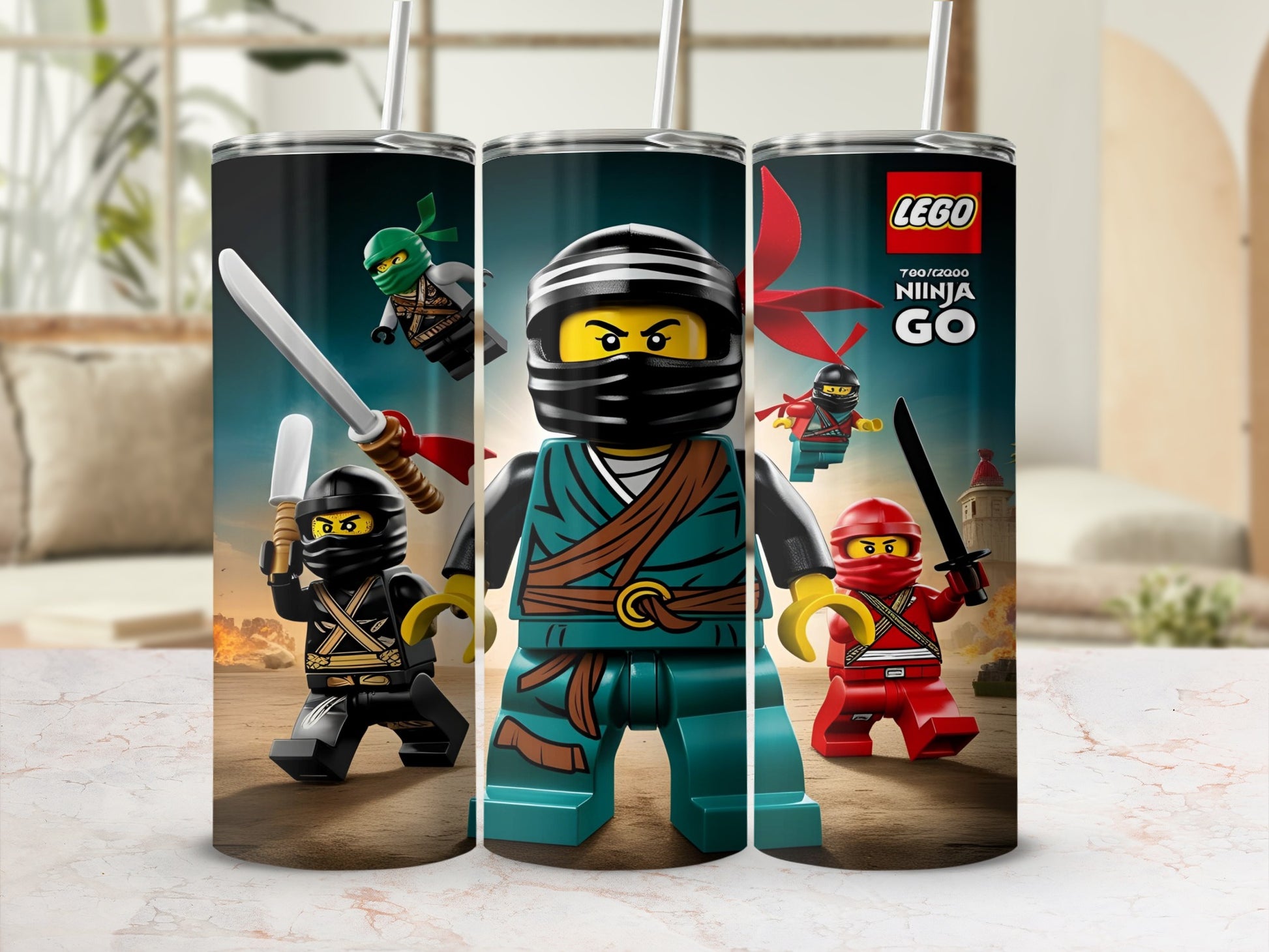 LEGO Ninjago characters Kai, Zane, and Nya on a tumbler.