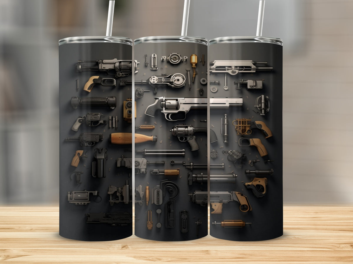 Tumblers with a collage of disassembled firearm parts and components.