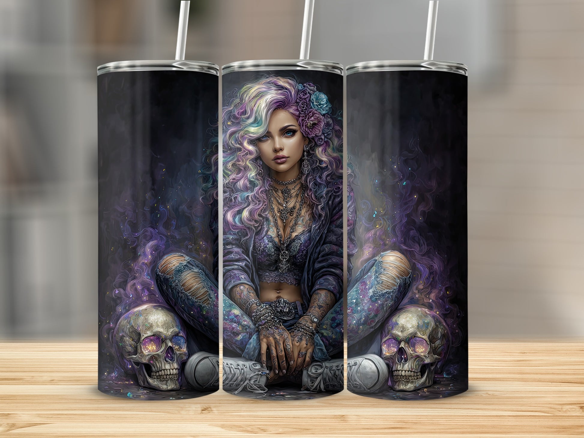 Gothic Girl with Skulls Art on Stylish Tumbler