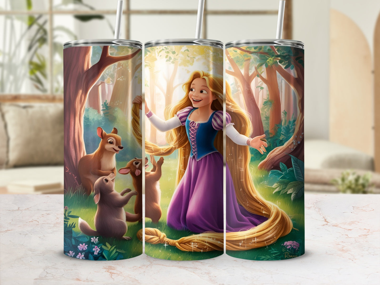 Rapunzel in a purple dress with long blonde hair interacts with forest animals.