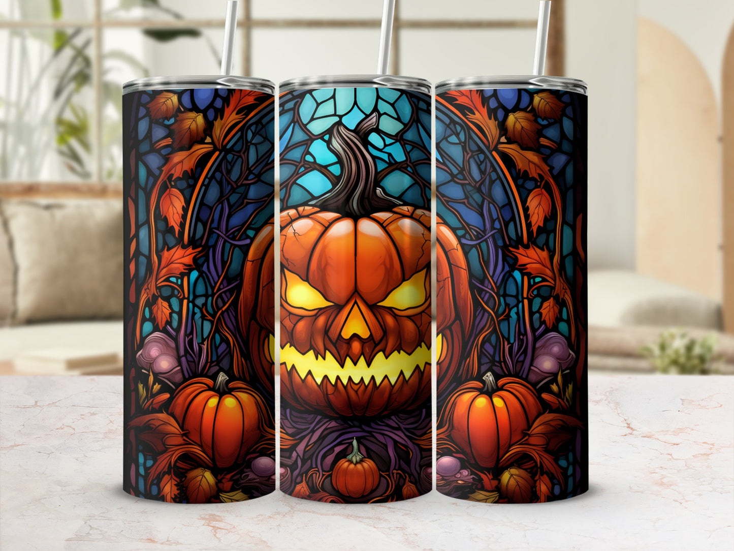 Three Halloween tumblers with a stained-glass jack-o'-lantern design.