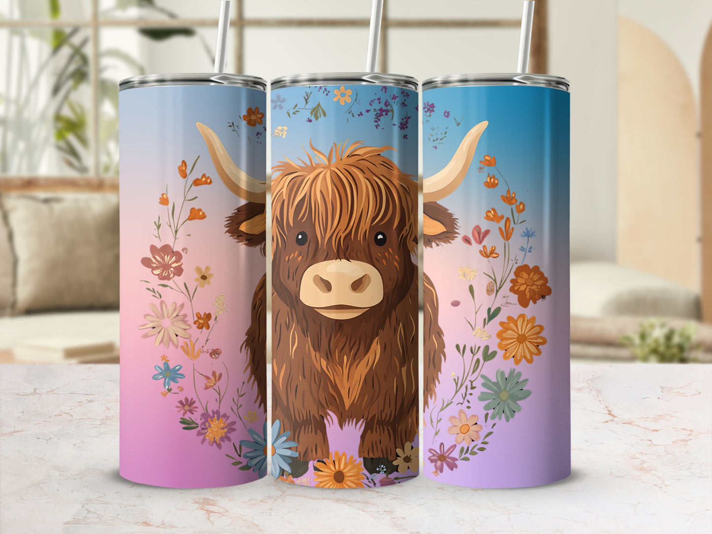 Highland Cow Floral Art Tumbler Cute Cow Design Tumbler