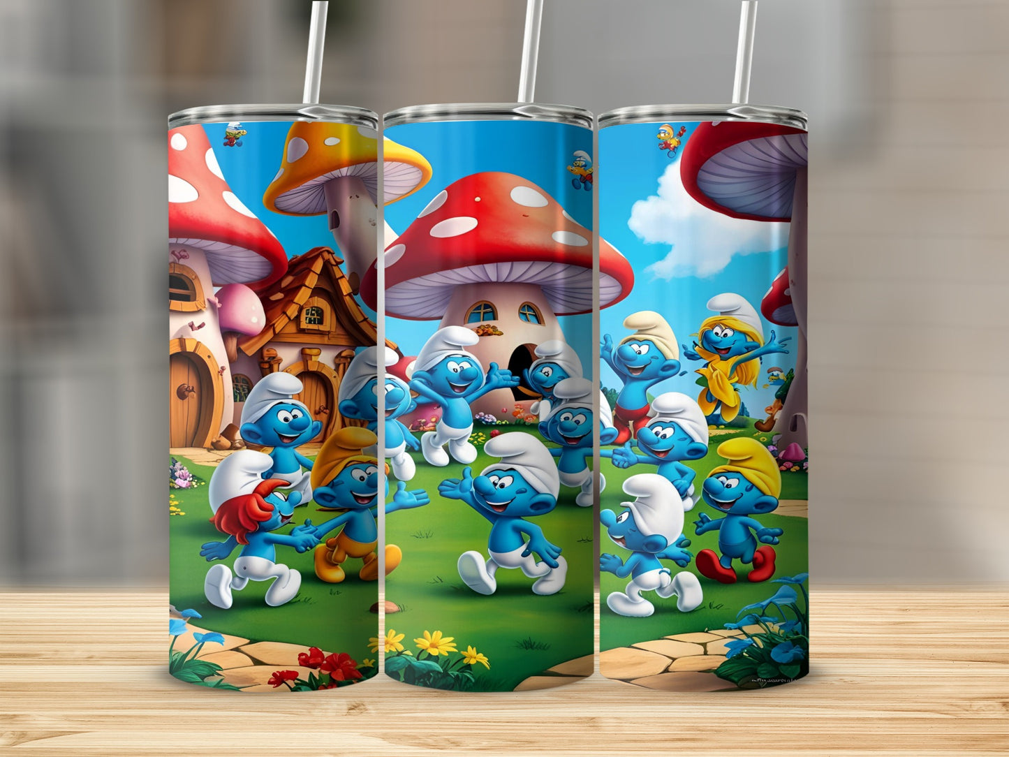 Smurfs celebrating in a mushroom village with a blue sky.