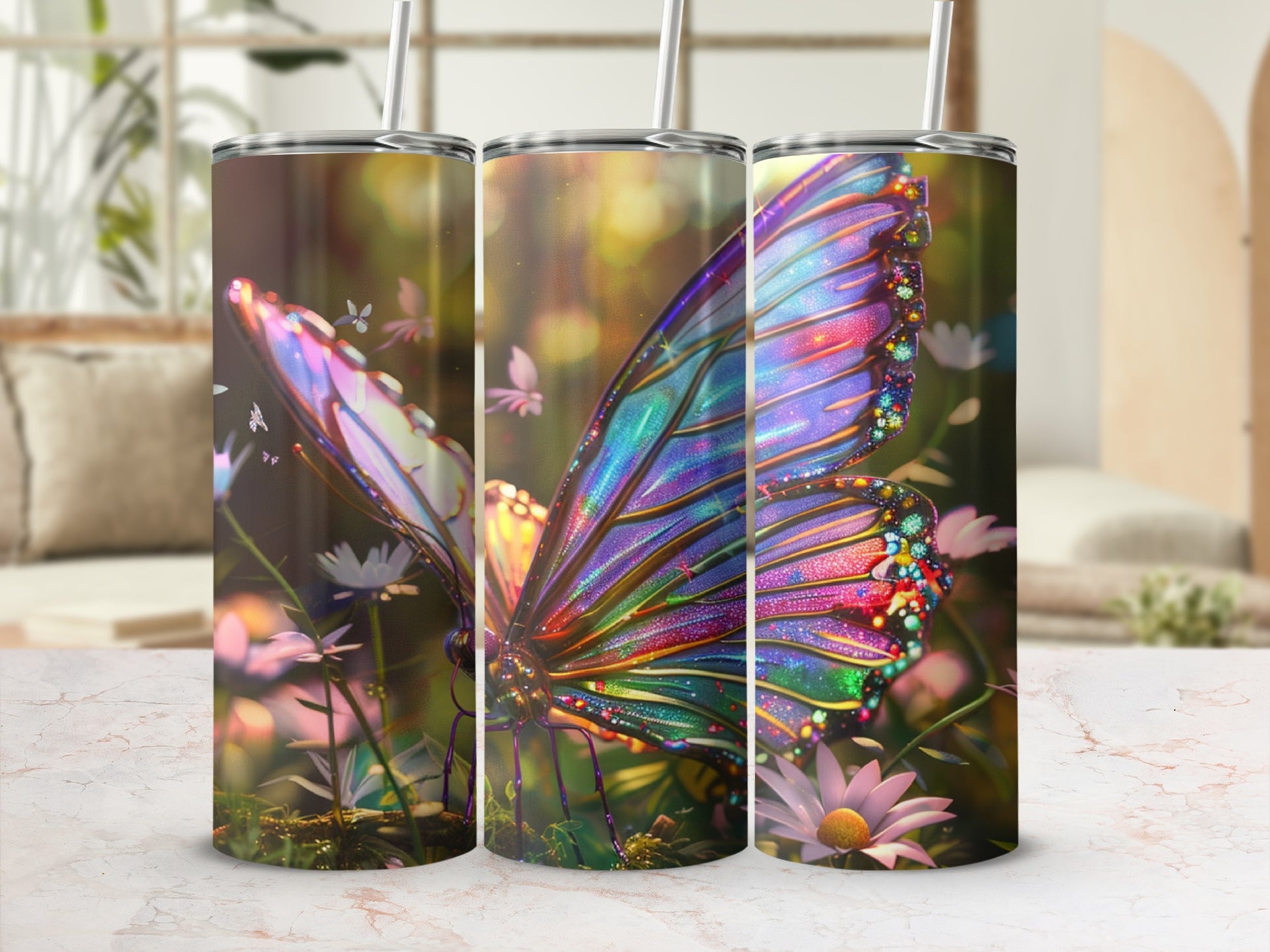 Iridescent butterfly with colorful wings on a floral background.