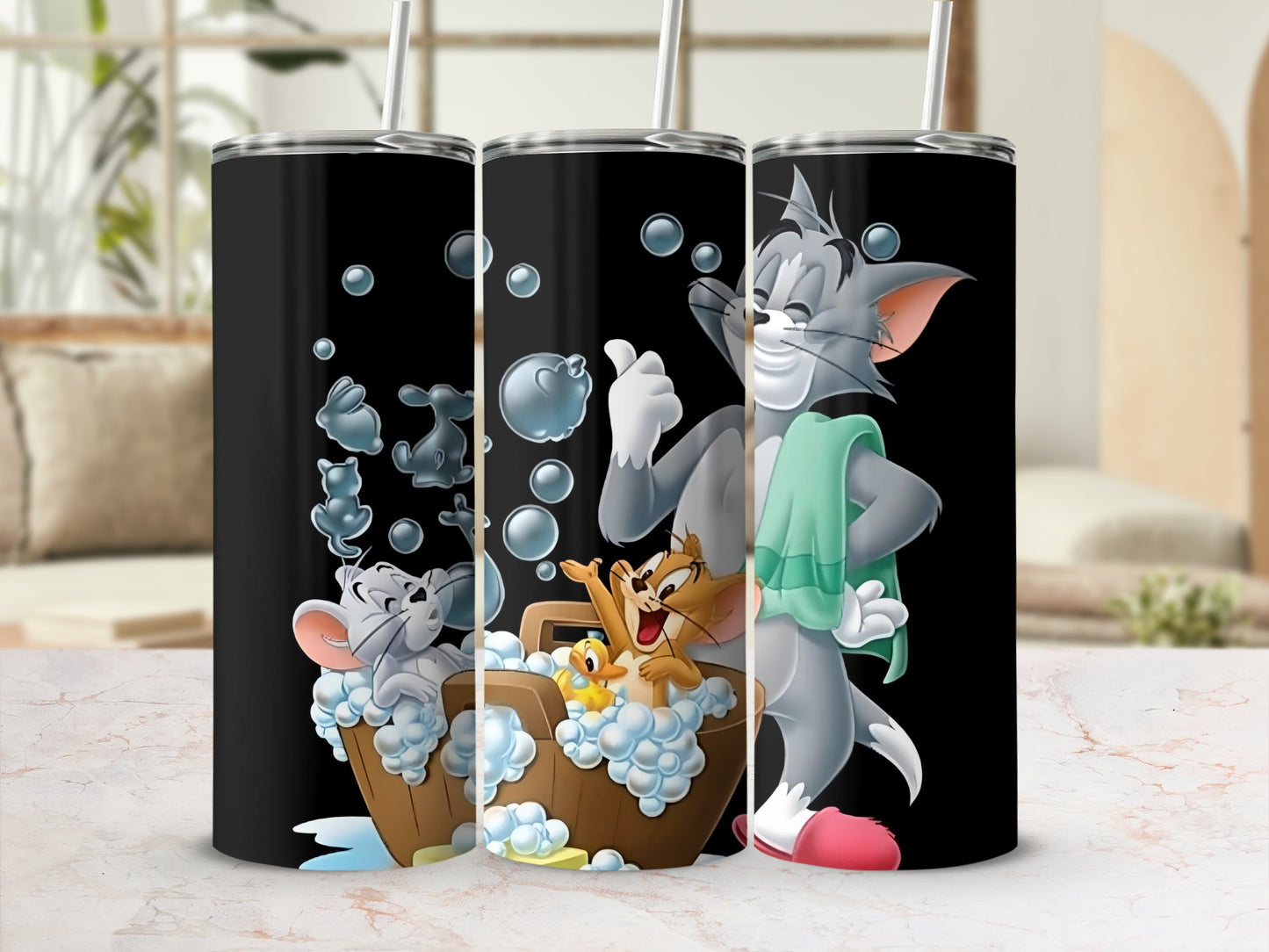 Cartoon Cat and Mouse Tumbler with Bubble Bath Theme