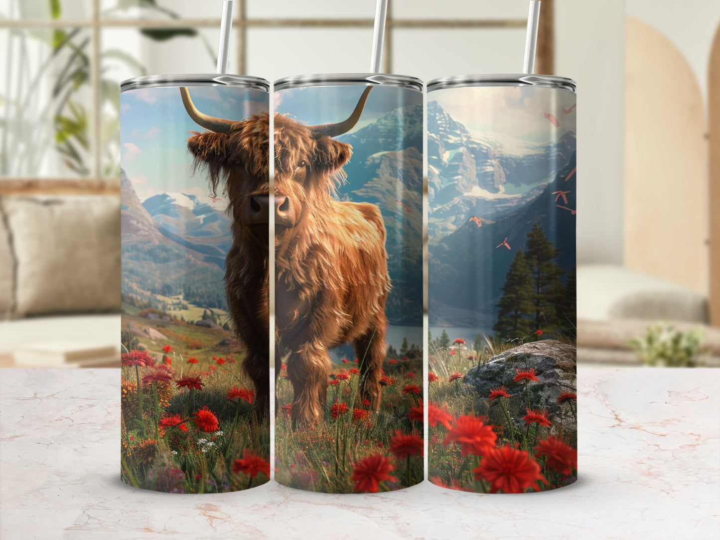 Highland cow in a field of red flowers with mountains in the background.