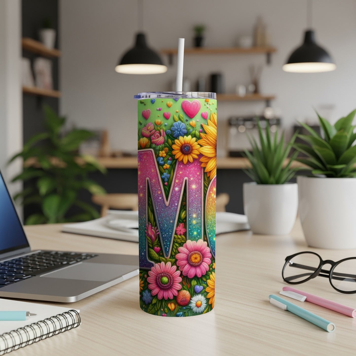 Glittering "Mom" tumbler with floral and heart designs, on a desk.