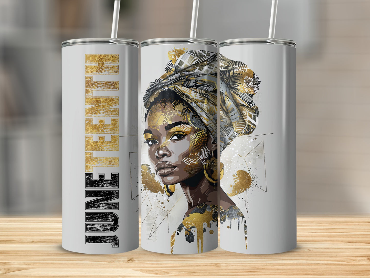 June woman wearing gold headwrap and earrings, abstract gold accents.