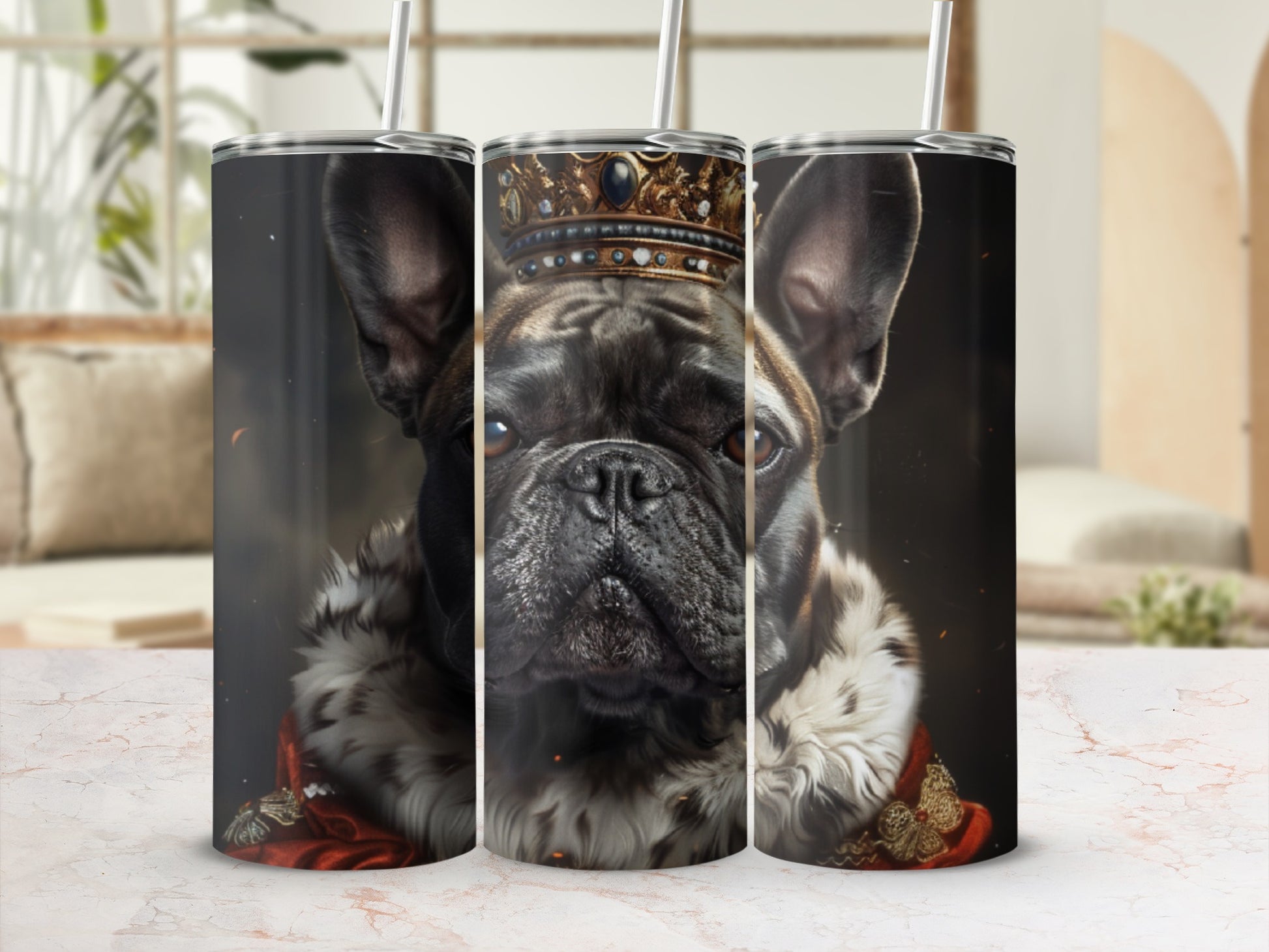 French bulldog wearing a crown and ornate cape, set against a blurred background.