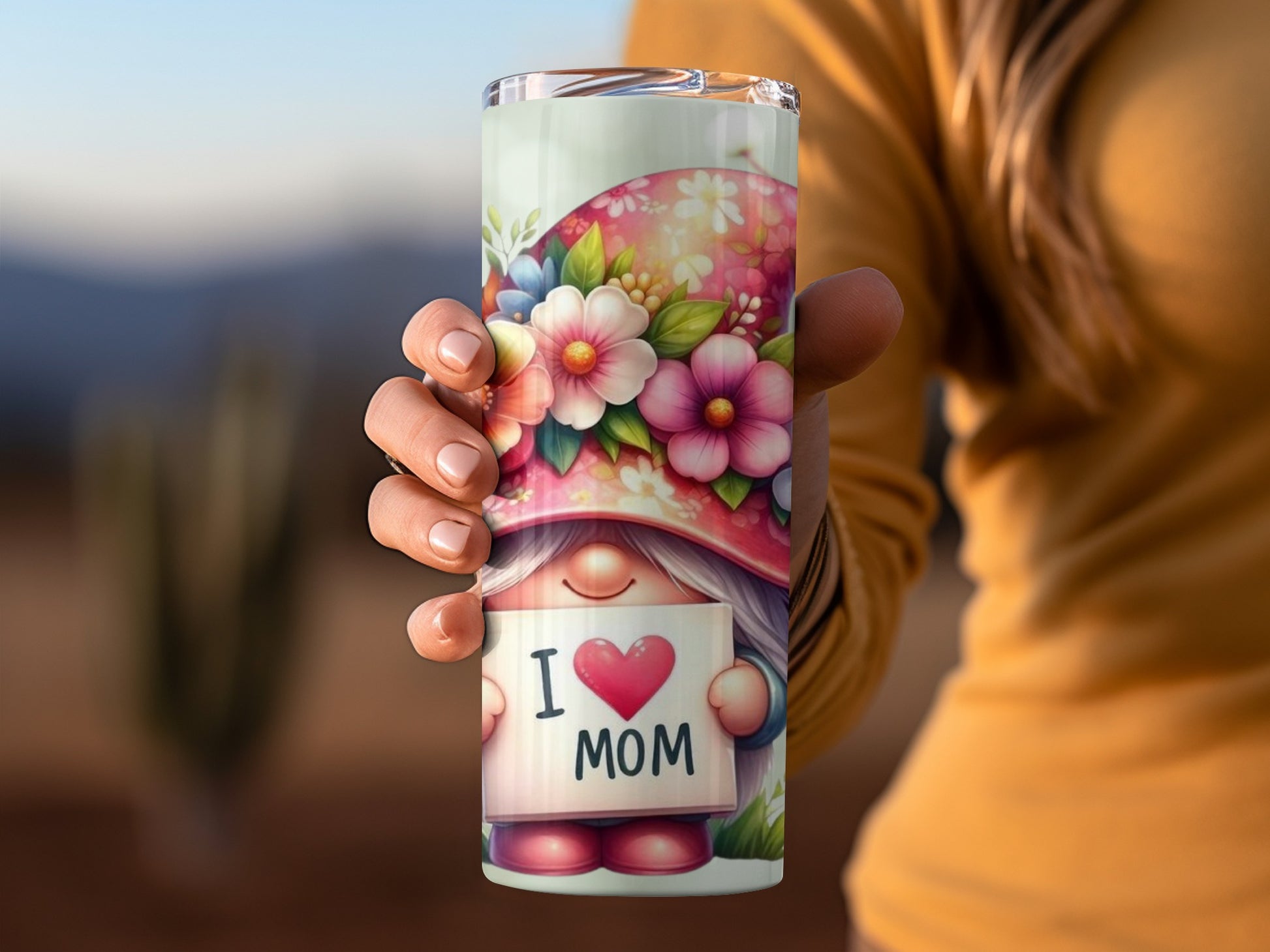 Cute Gnome with Floral Hat I Love Mom Tumbler Cup