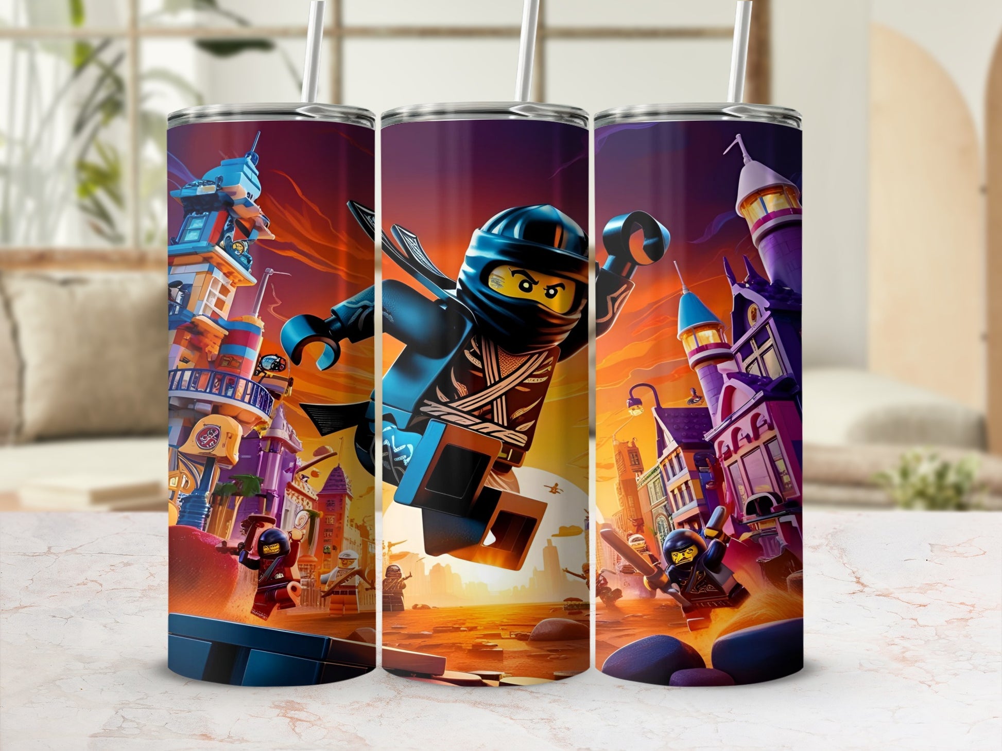 Ninjago characters in a city setting with buildings and sunset background.