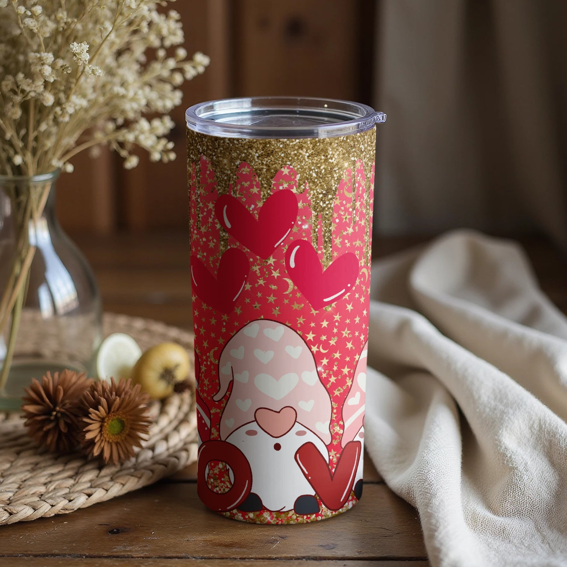 Gold Glitter Heart Patterned Tumbler with Cute Gnome Design