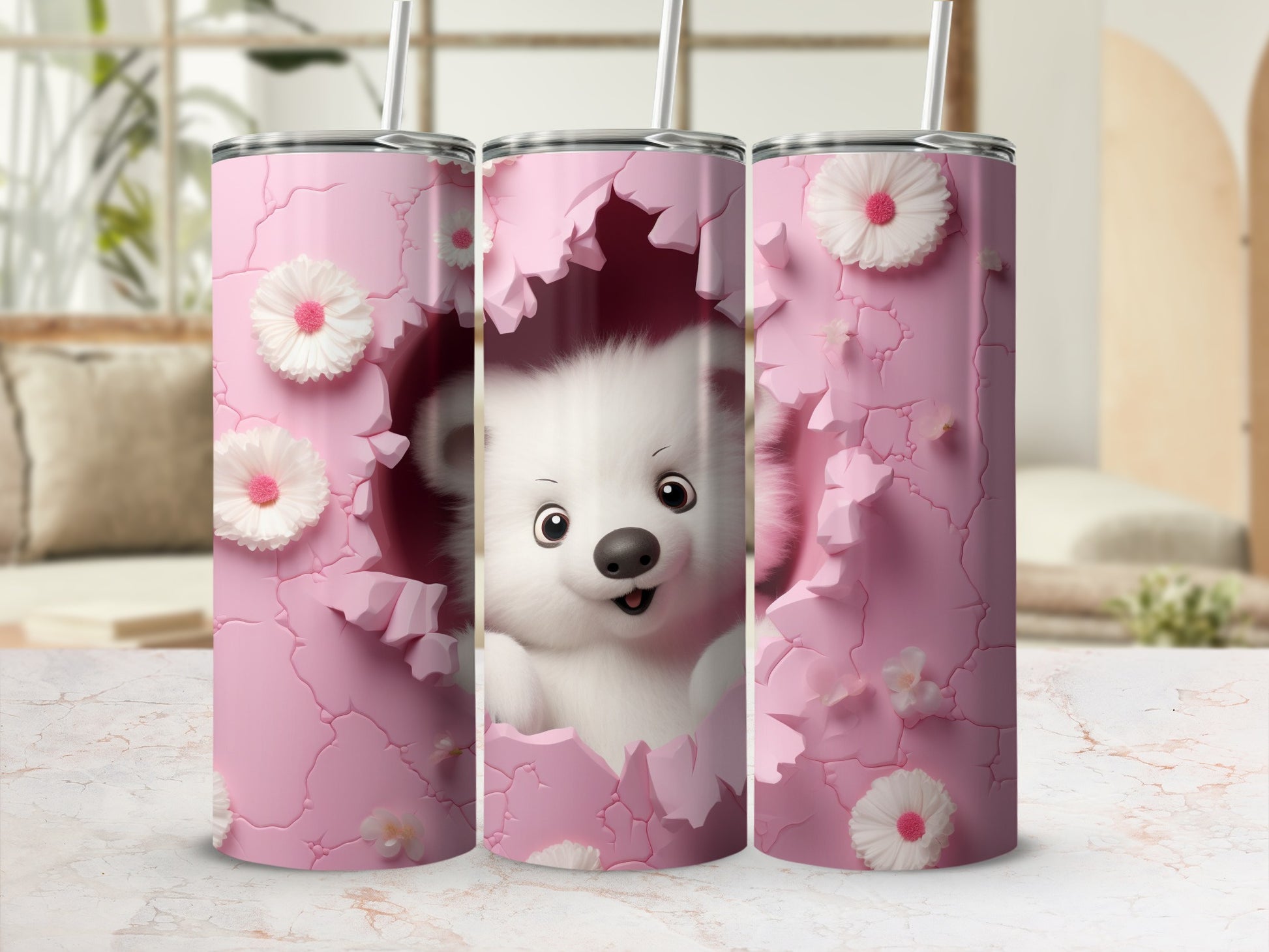 Cute White Bear Pink Cracked Flower Design Tumbler product type