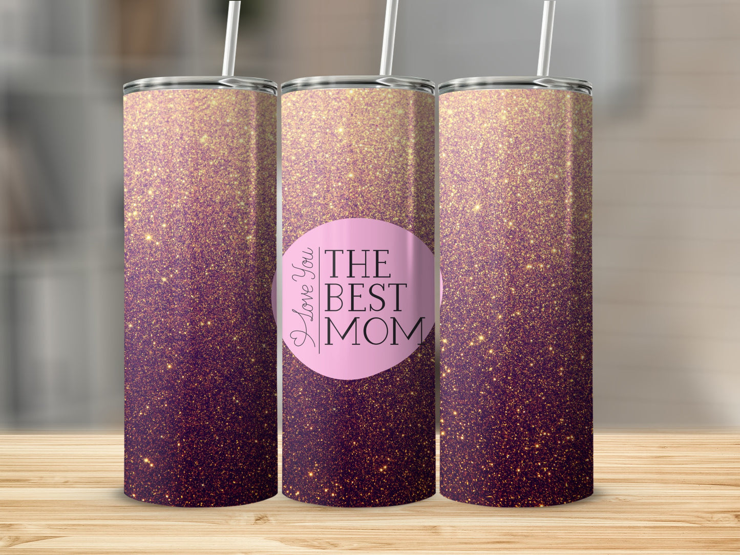 Pink circle with "I Love You The Best MOM" on a glittery tumbler.