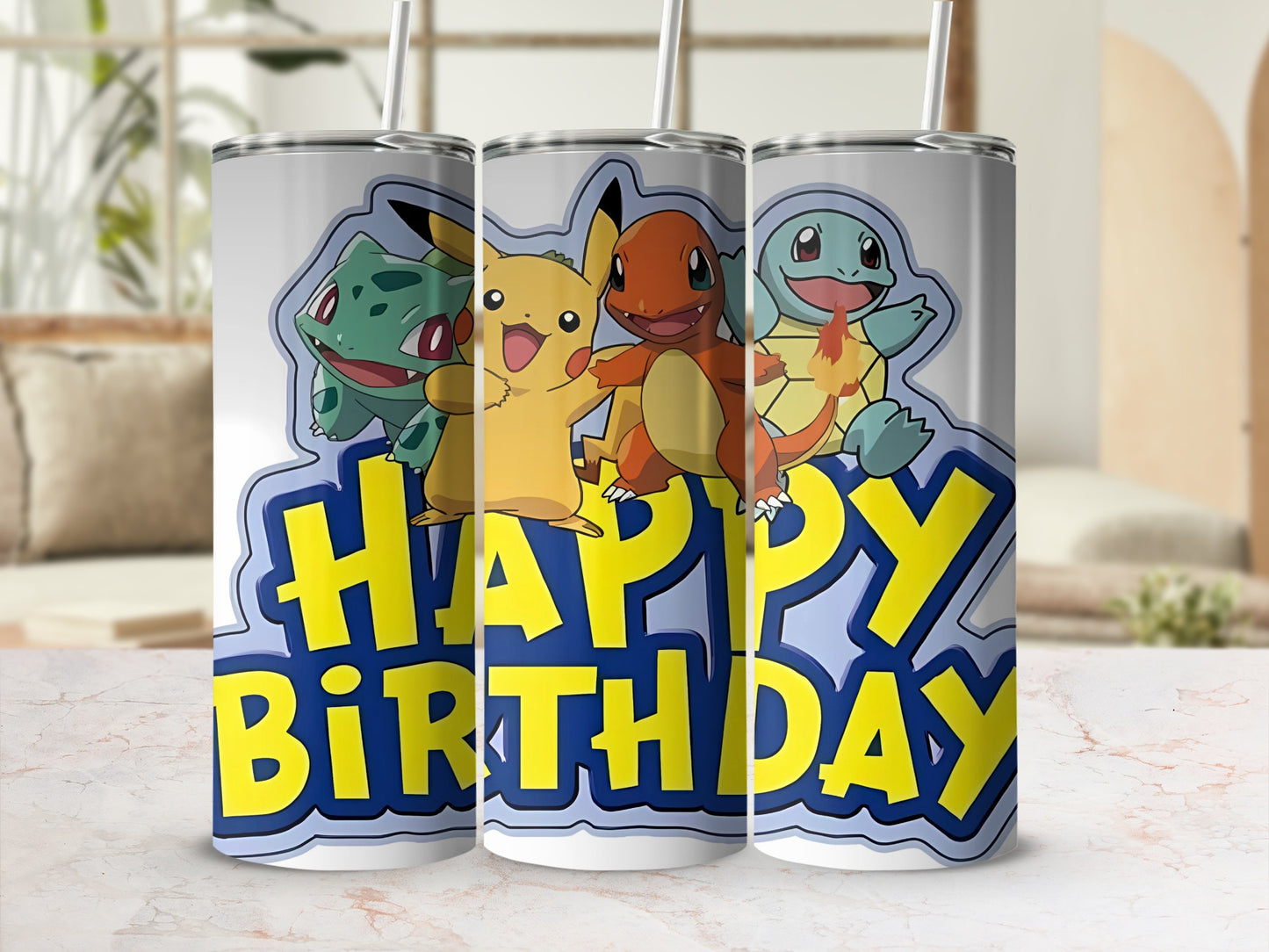 Happy Birthday Tumbler with Iconic Characters Design