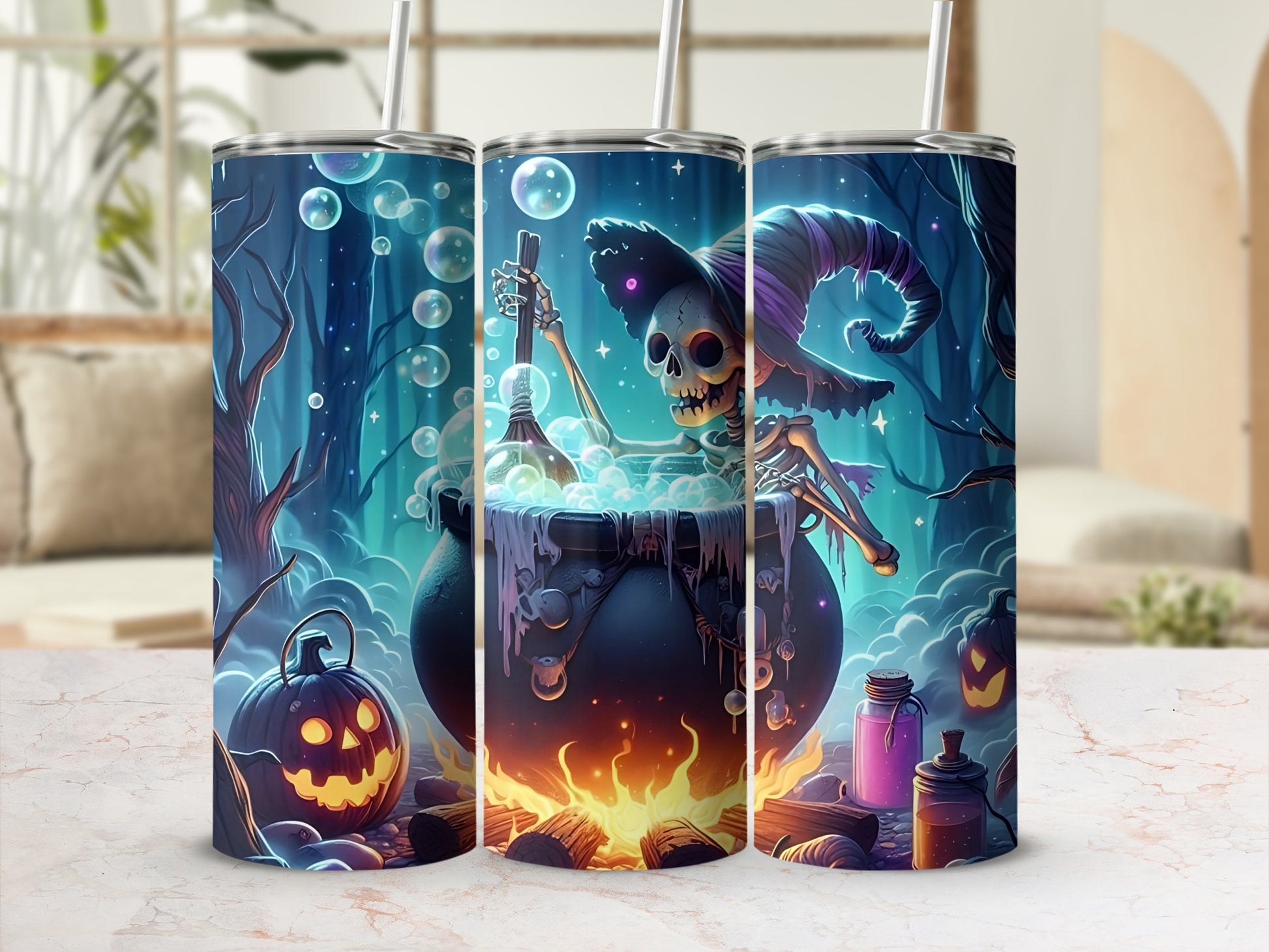 Skeleton witch stirs cauldron with bubbles, jack-o'-lantern, and potion bottles.