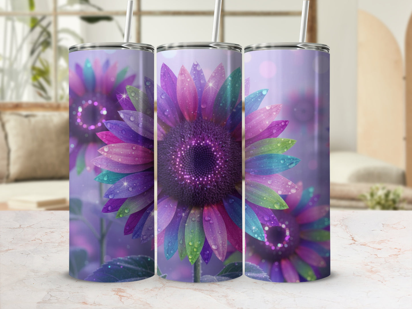 Colorful Dewy Sunflower Design Tumbler