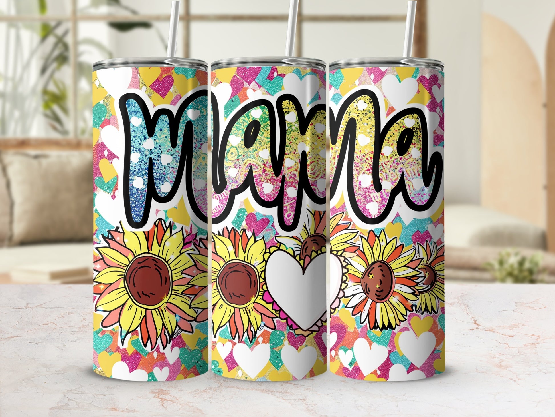Colorful Mama Hearts and Sunflowers Tumbler