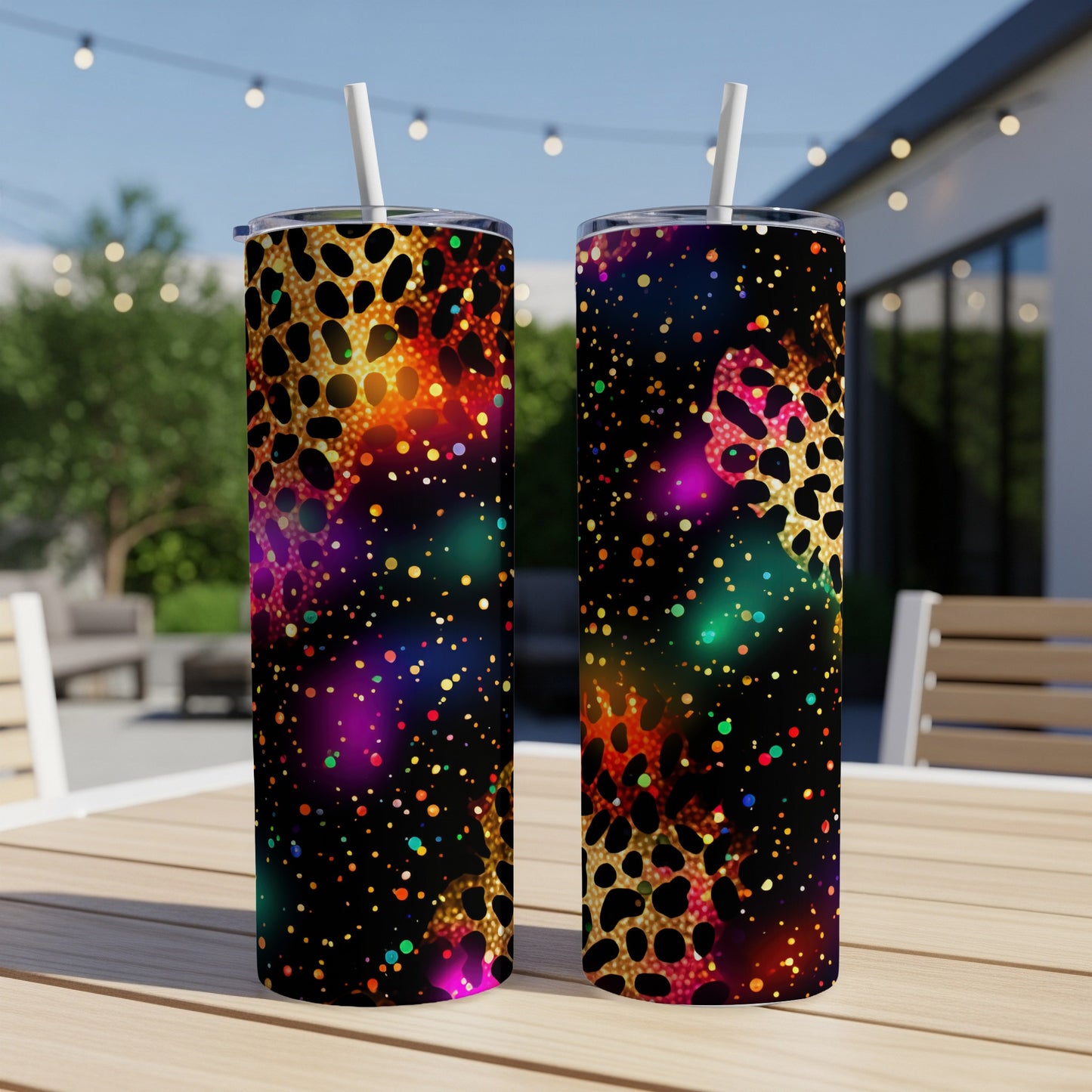 Two tall tumblers with colorful galaxy and leopard print designs.