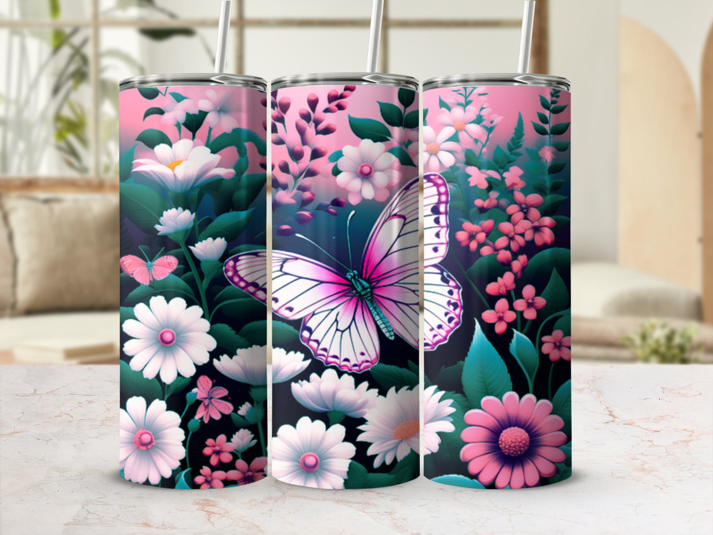 Pink and white floral tumbler with butterfly design.