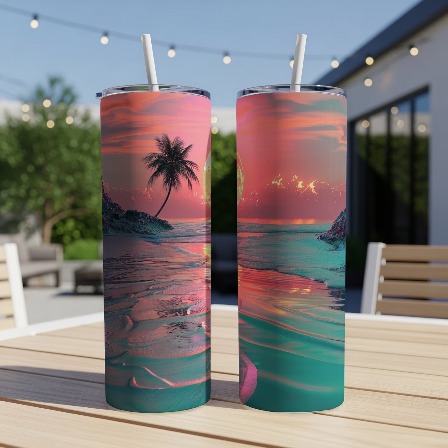 Two tumblers with a sunset beach design sit on a wooden table.